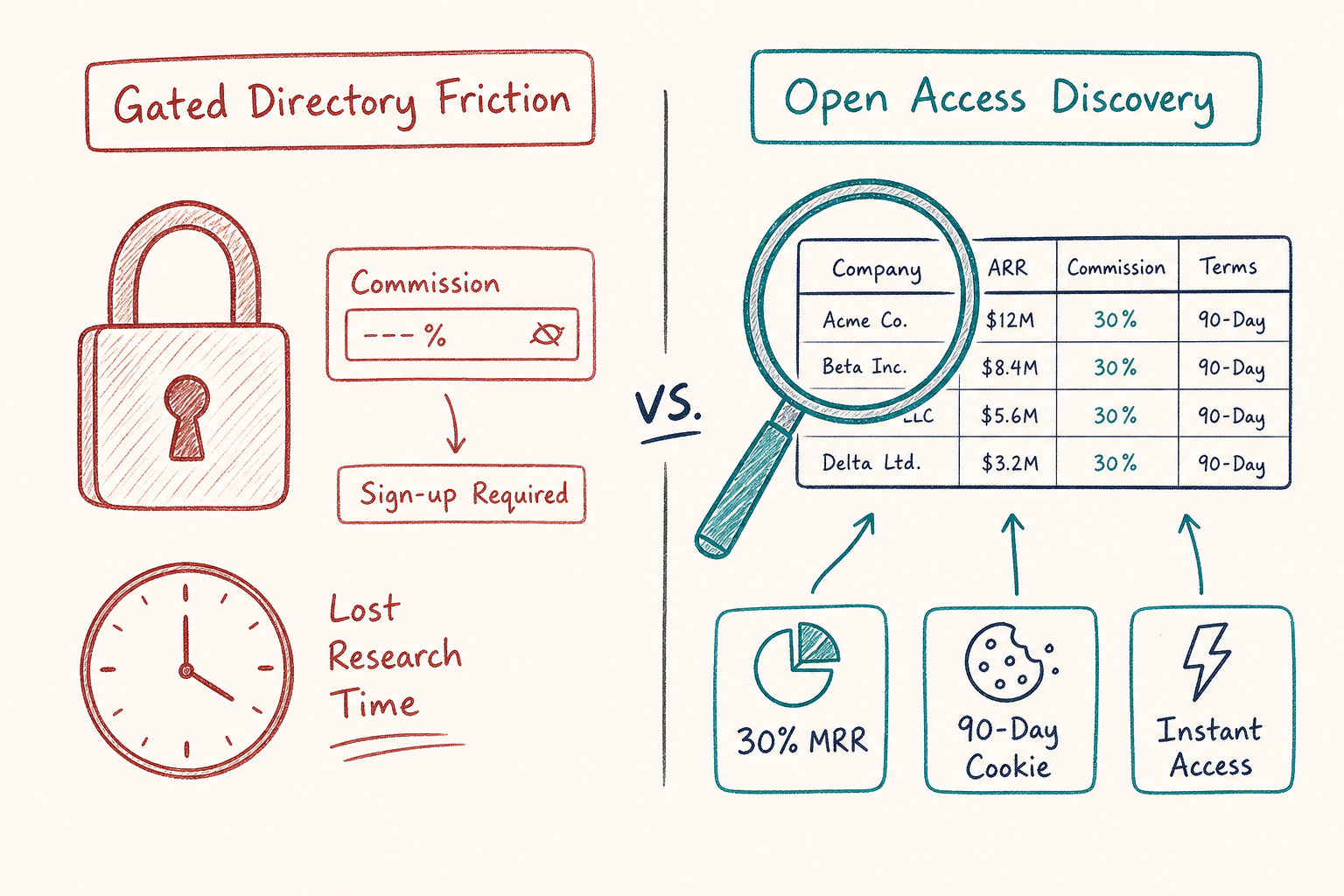 Whiteboard diagram comparing gated directory friction against open access affiliate discovery.