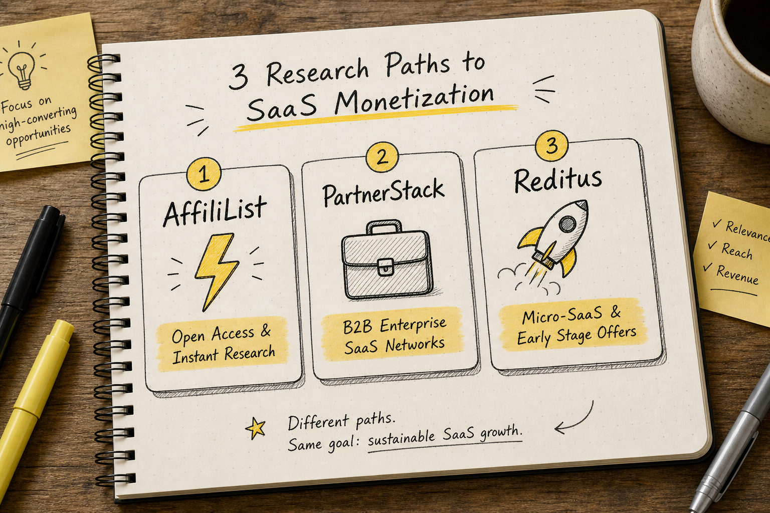 Editorial sketch illustrating three main SaaS affiliate research pathways: open directories, enterprise networks, and micro-S