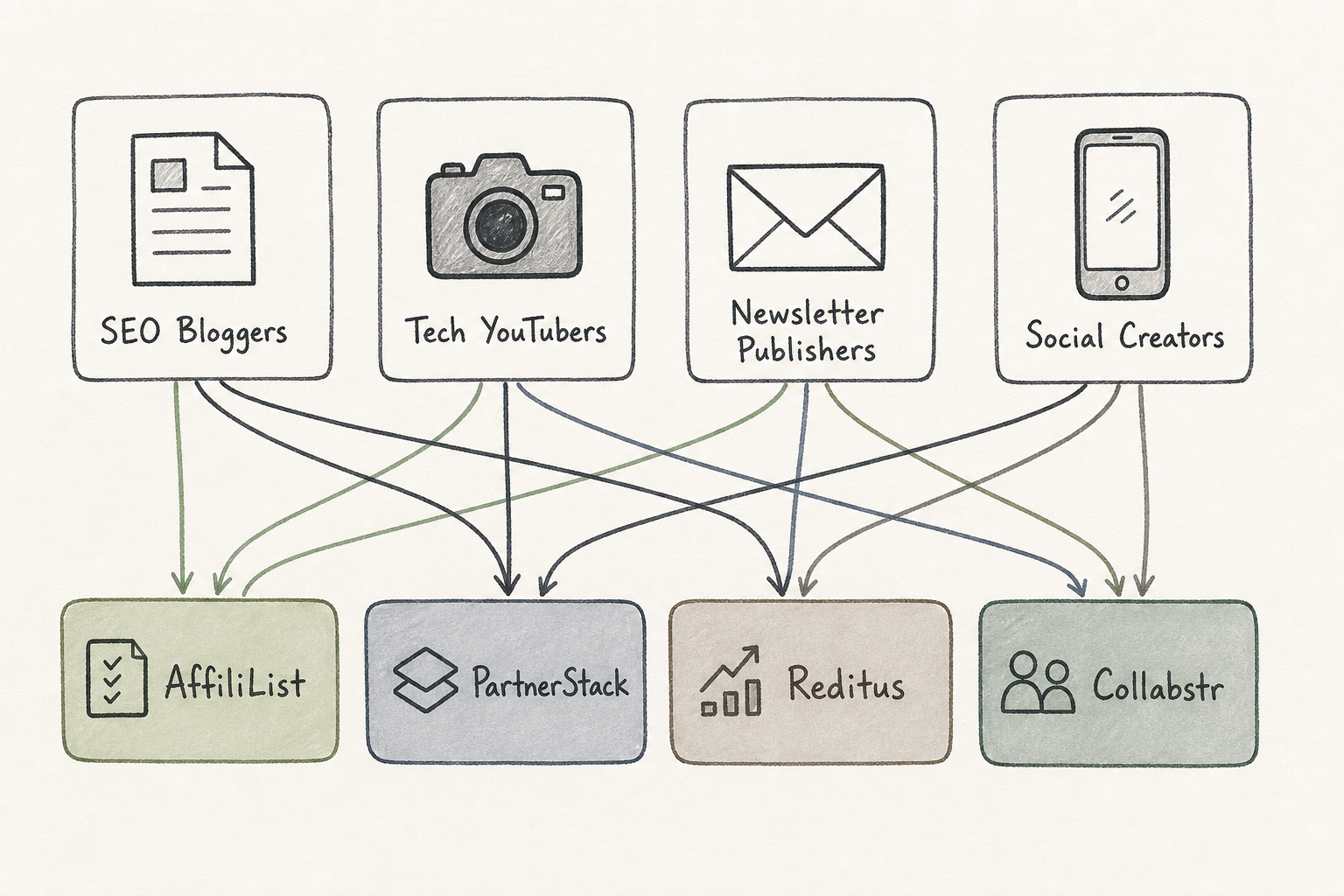 Hand-drawn flowchart matching creator formats such as blogs and video channels with recommended affiliate platforms.