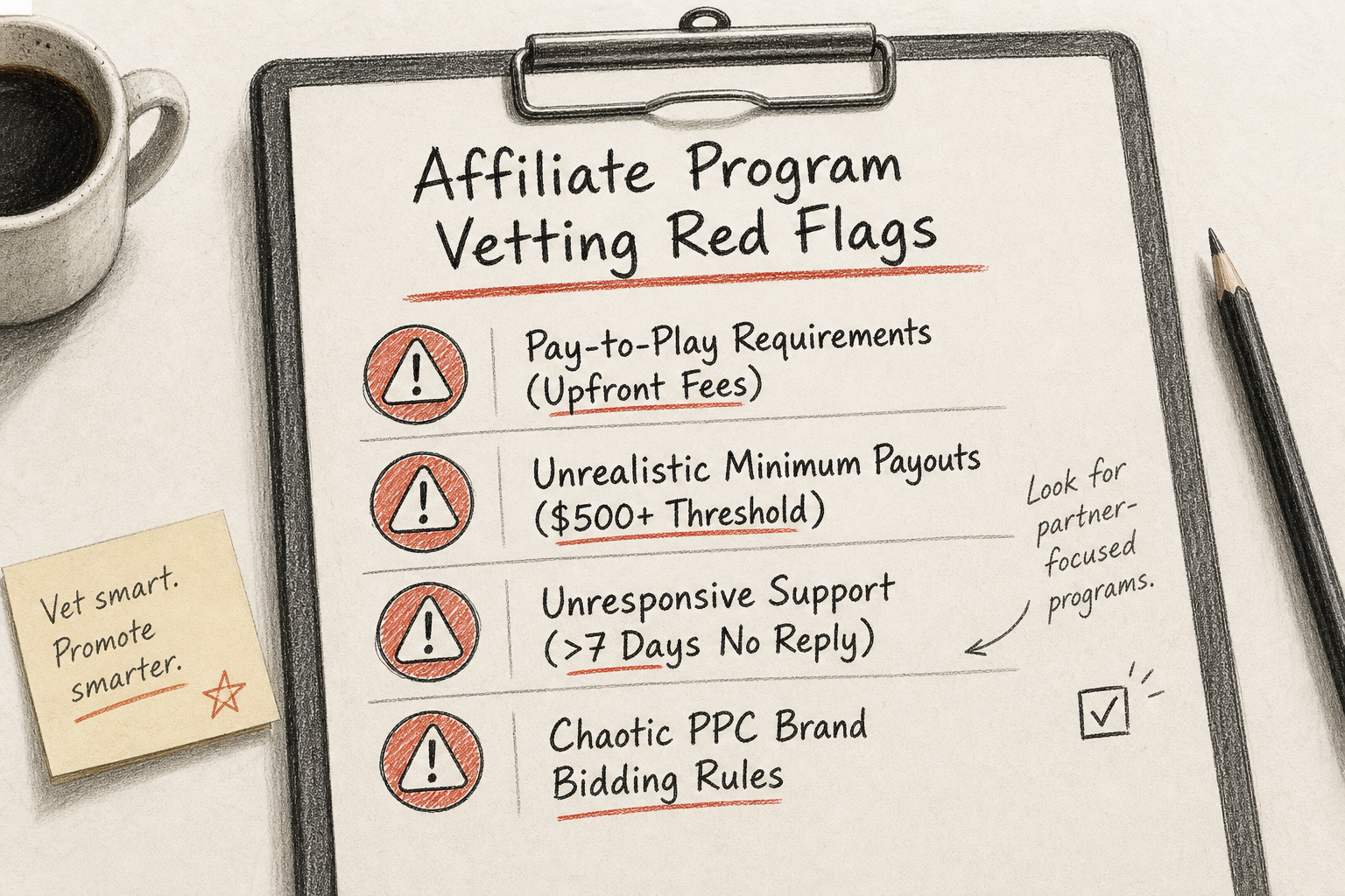 Checklist of major red flags to avoid when vetting online affiliate marketing programs.