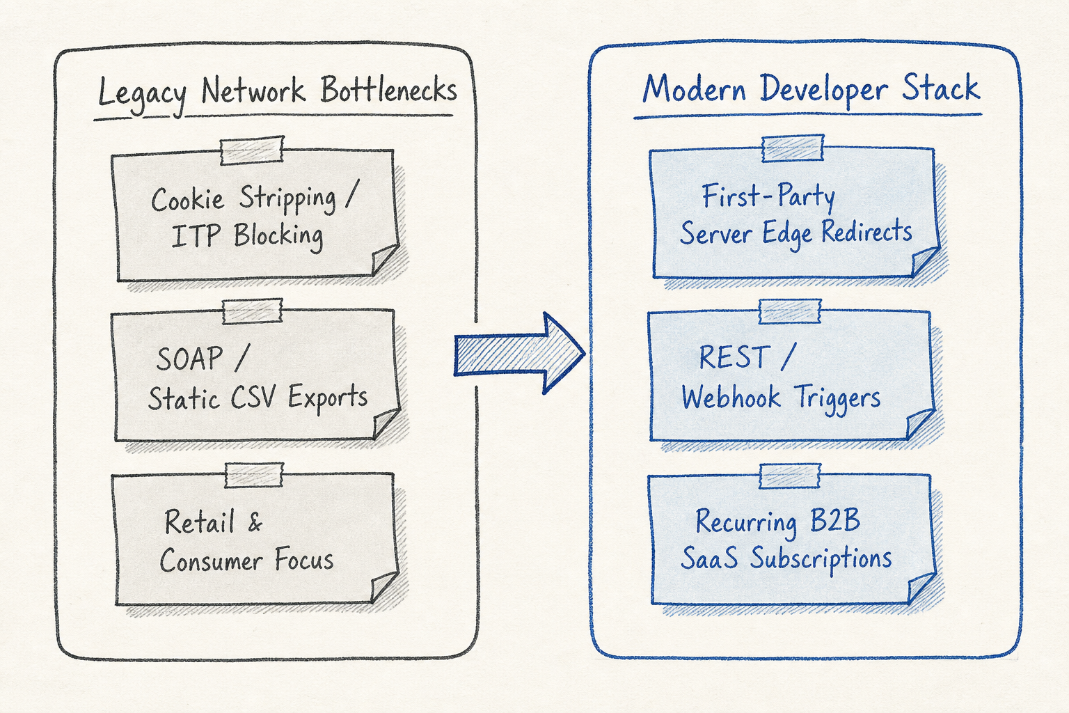 Comparison diagram showing legacy affiliate network limitations versus modern developer partner platform features.