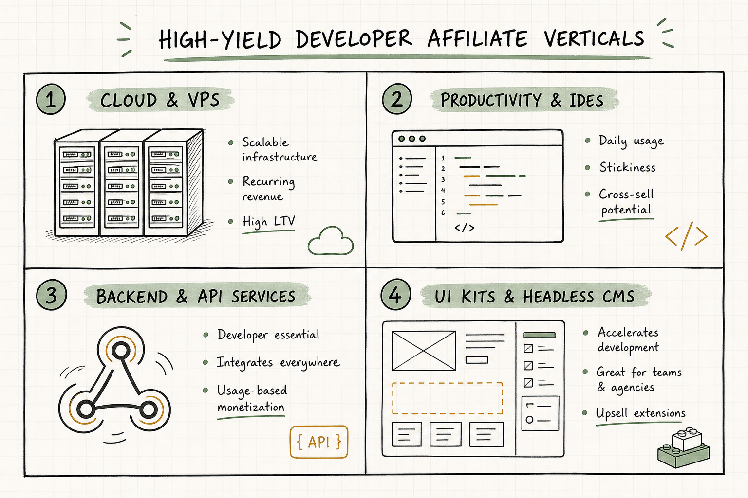 Four-panel breakdown of top developer affiliate categories including cloud hosting, developer IDEs, APIs, and UI kits.