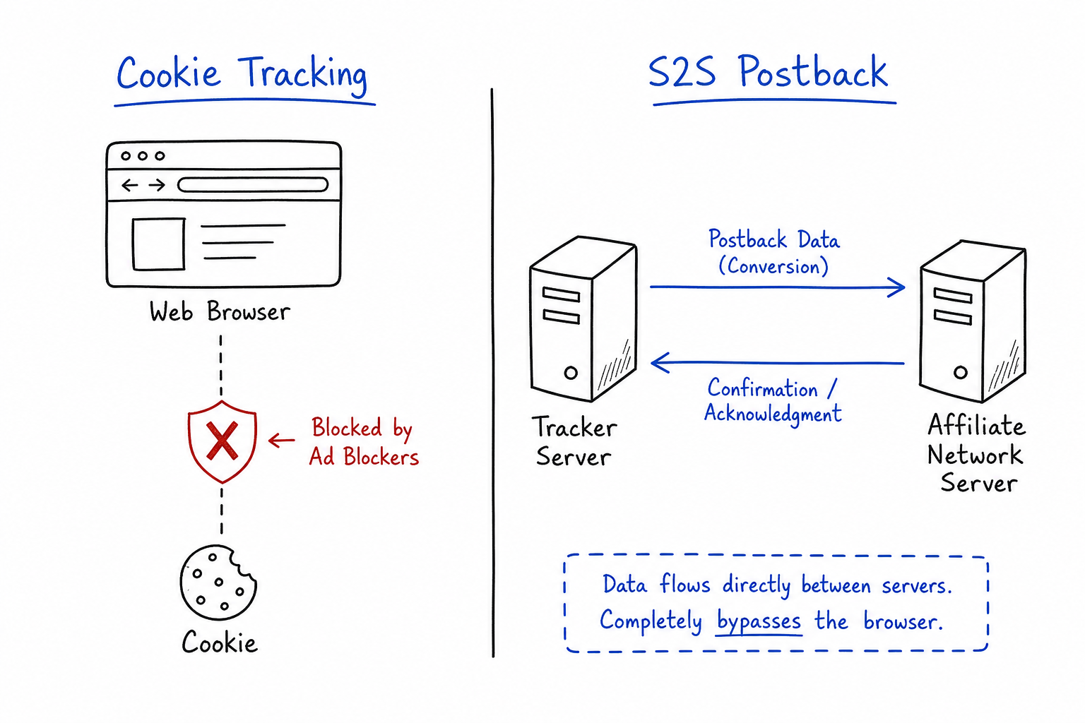 Diagram comparing fragile client-side cookie tracking with reliable Server-to-Server (S2S) postback tracking.