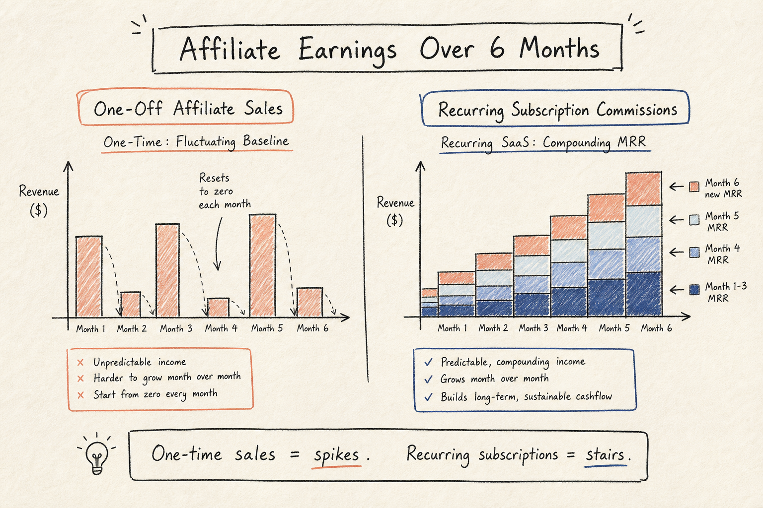 Hand-drawn comparison diagram illustrating one-off commission fluctuations versus compounding recurring monthly affiliate rev