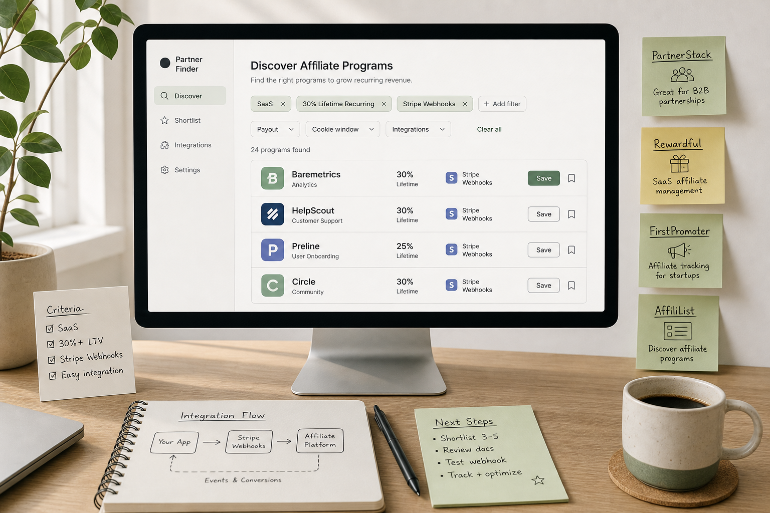 Clean editorial illustration of modern SaaS affiliate discovery tools and partner platform interfaces on a desk.