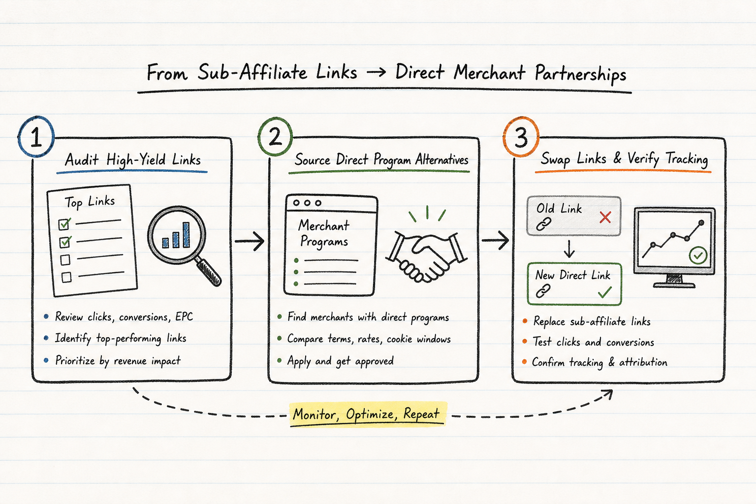 Three-step process flowchart showing how to transition from sub-affiliate links to direct programs