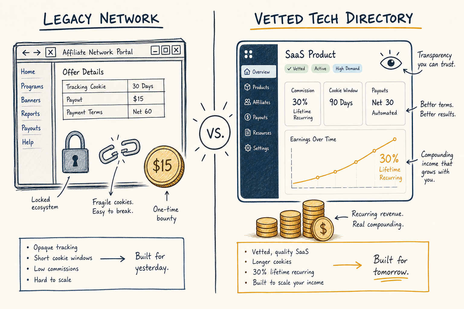 Hand-drawn comparison diagram between legacy affiliate networks and modern SaaS affiliate directories.
