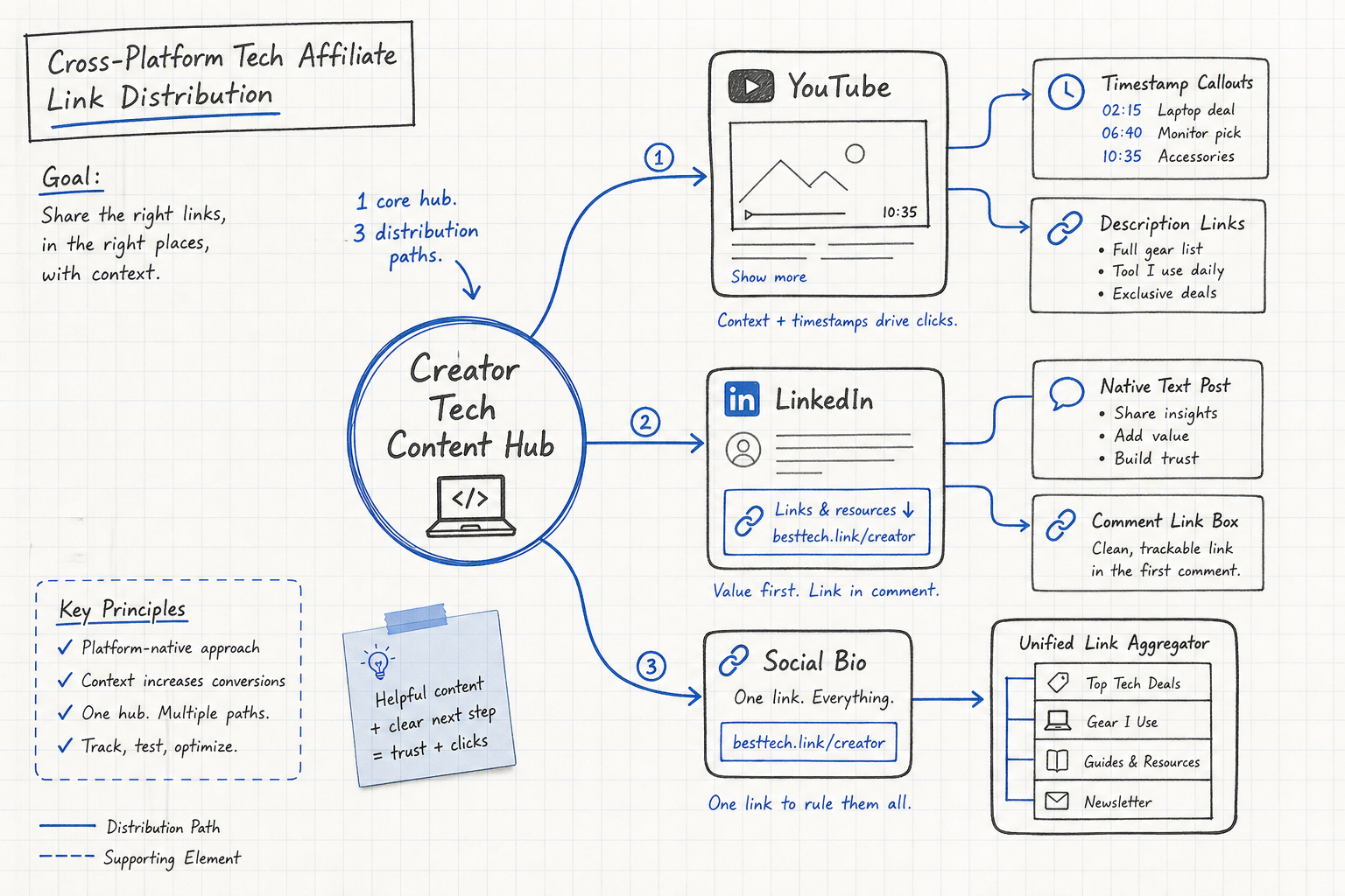 Grid paper sketch showing how to map tech affiliate links across YouTube, LinkedIn, and social bio links.