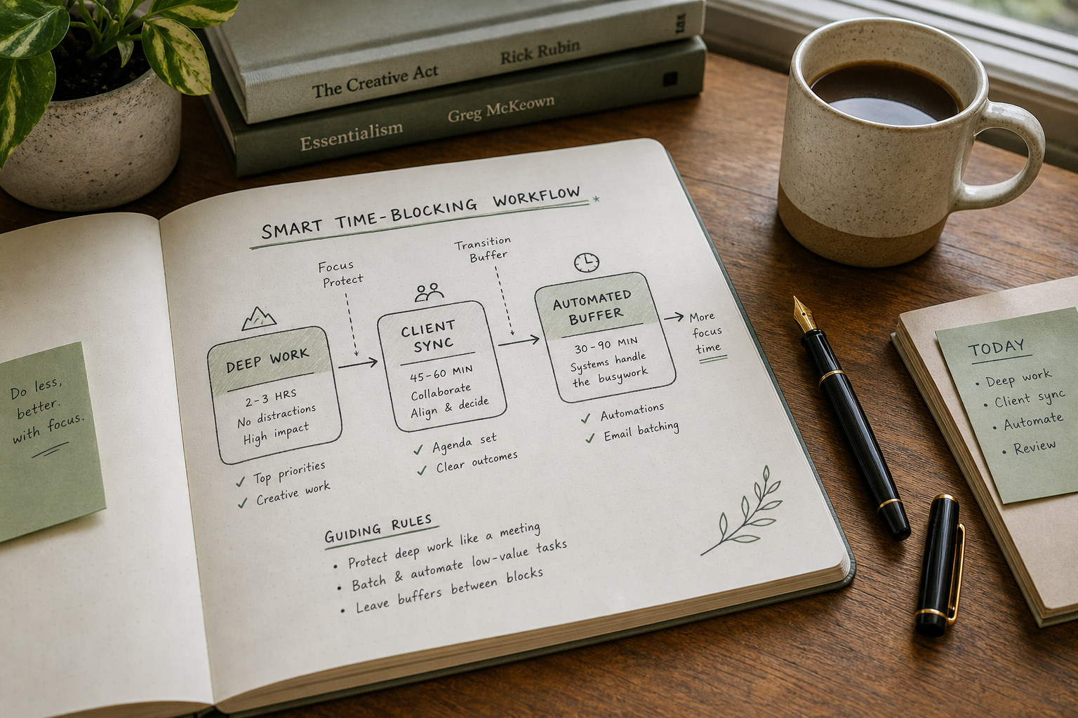 Notebook sketch showing an automated time-blocking and calendar productivity workflow for B2B professionals.