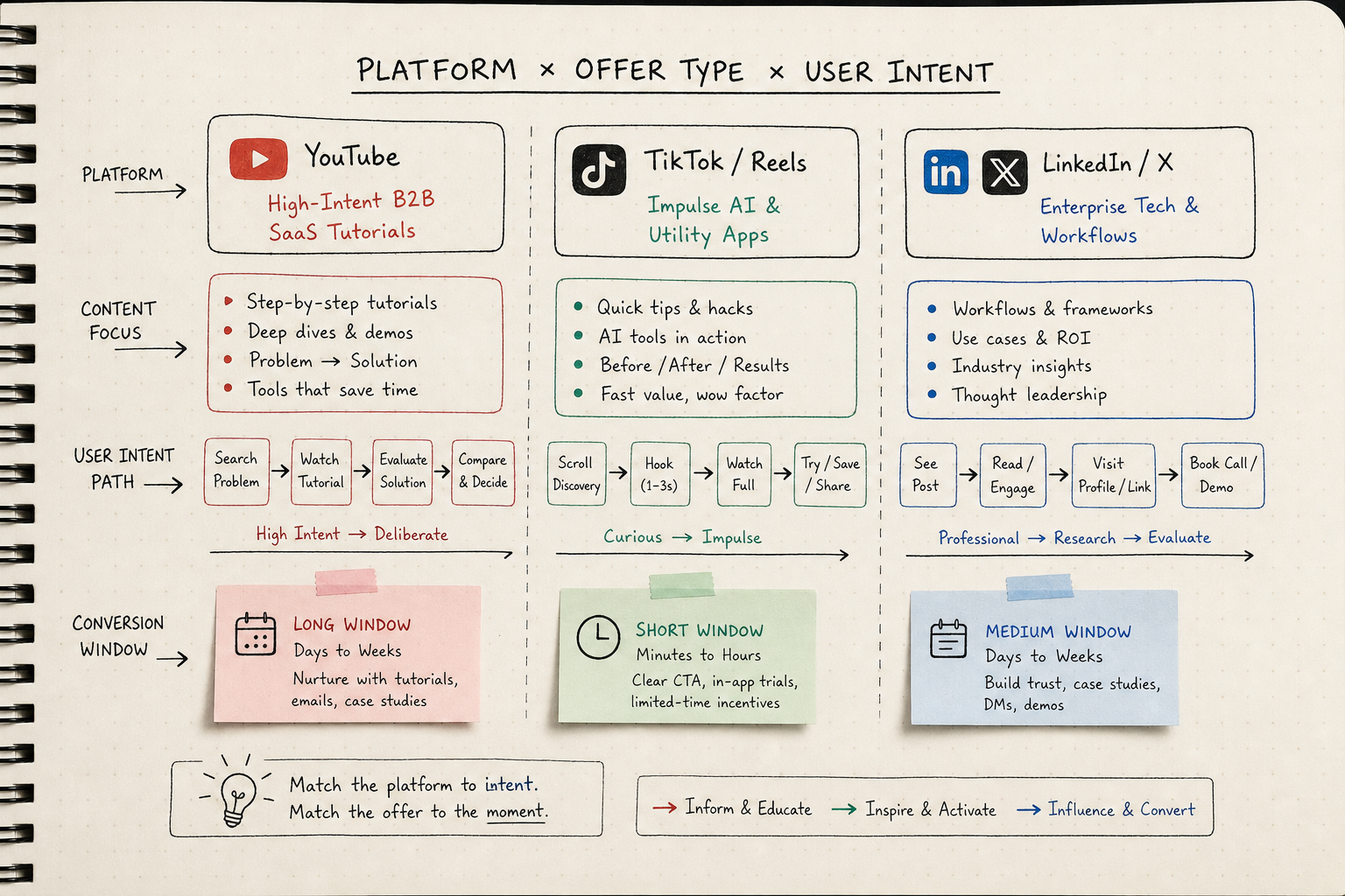 Sketch diagram showing social media platform intent matched with suitable tech affiliate offer types.