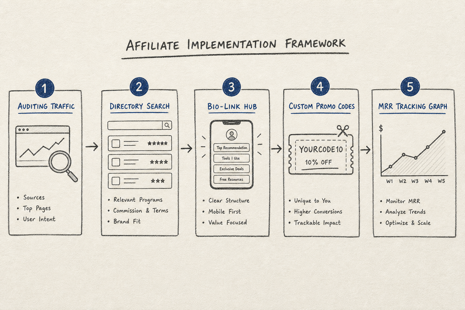 Five-step implementation flowchart showing how social influencers set up tech affiliate monetization.