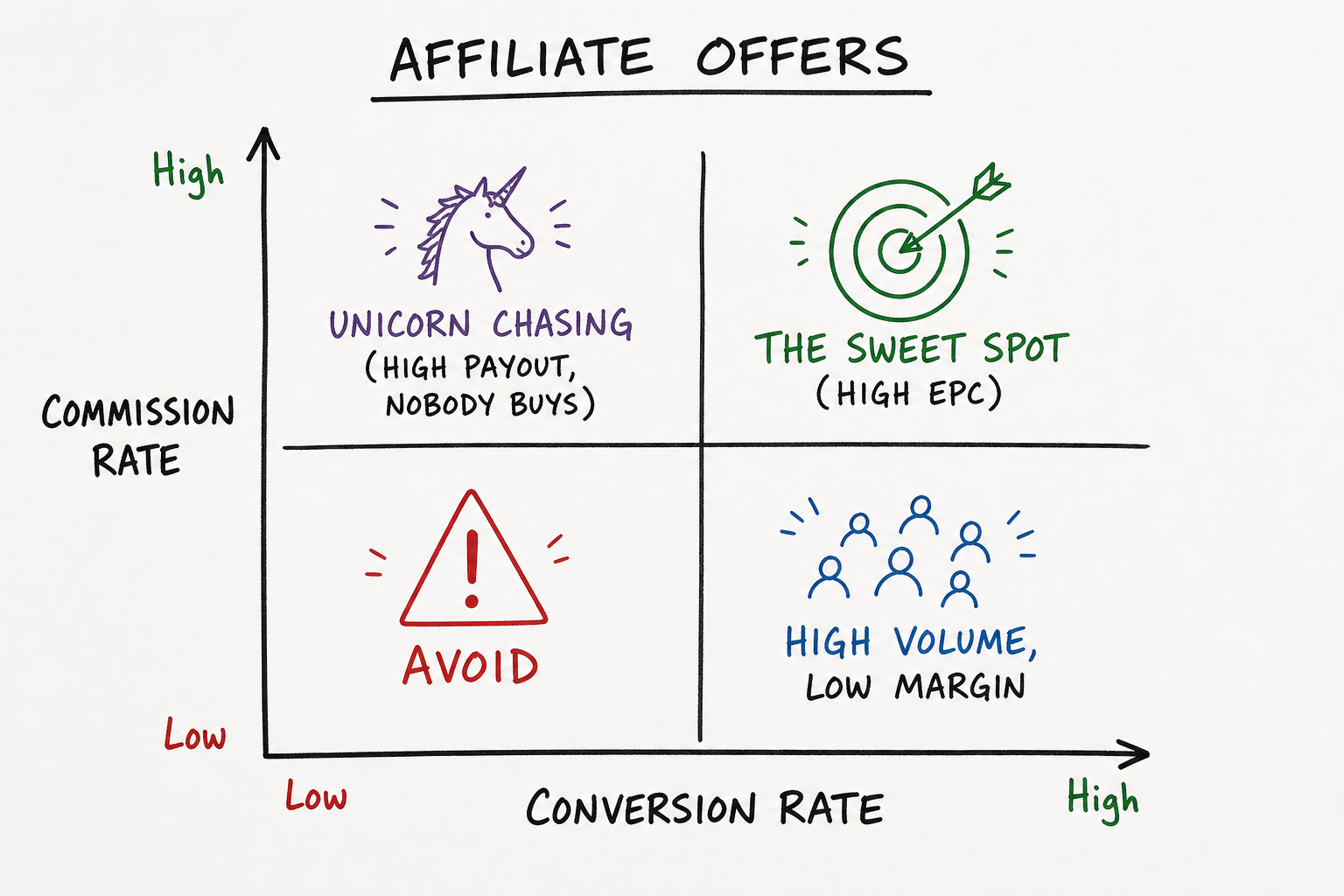 A matrix chart showing why high commission rates only matter if the conversion rate is also high, highlighting the high EPC s