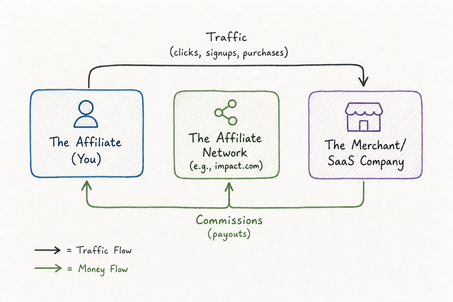 Flow diagram illustrating how affiliate networks act as middlemen routing traffic and commission payments between affiliates