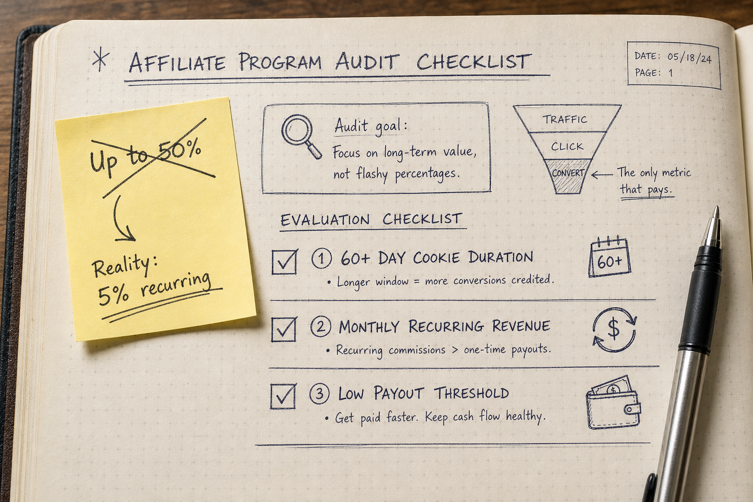 Field notebook sketch breaking down deceptive affiliate headline rates versus true verified SaaS recurring commission terms.
