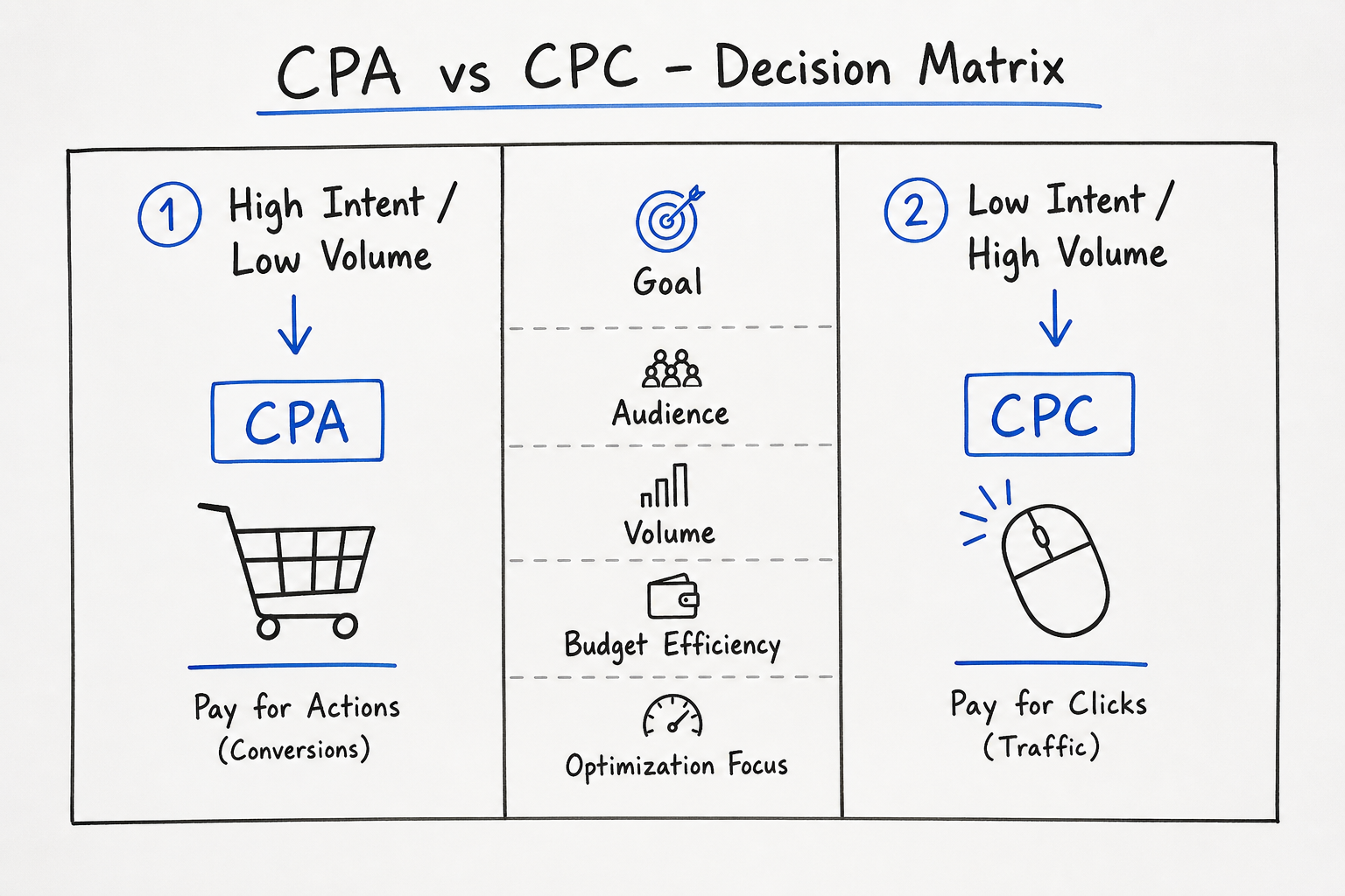 Decision matrix comparing CPA and CPC affiliate models based on user intent and traffic volume.