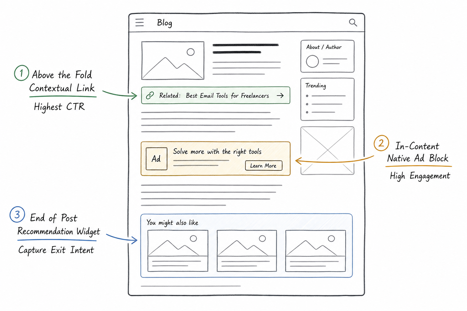 Wireframe diagram showing the optimal placement of CPC affiliate links and native ad widgets on a blog post.