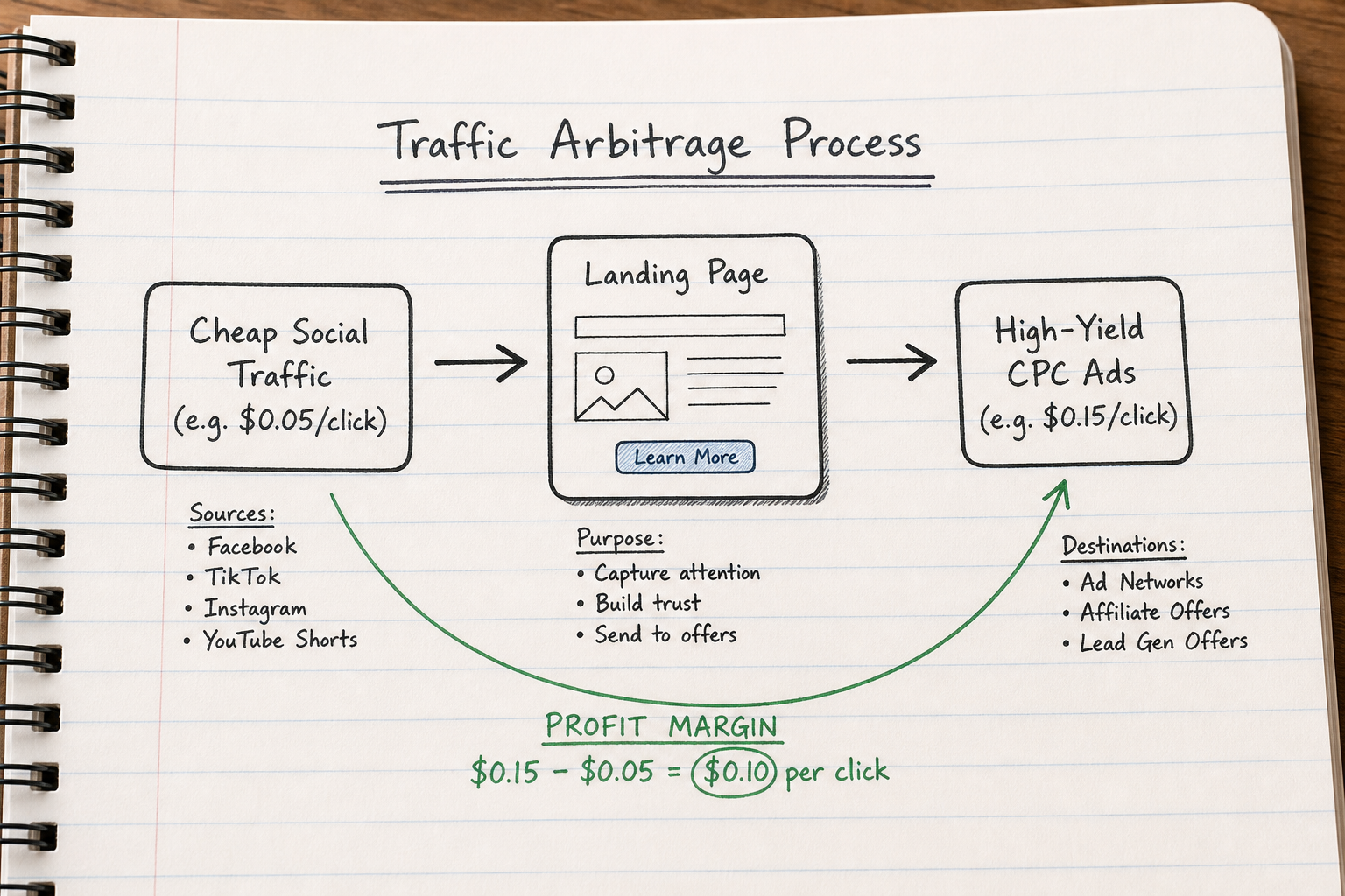 Flow diagram illustrating the mechanics of media buying and traffic arbitrage for CPC affiliate marketing.