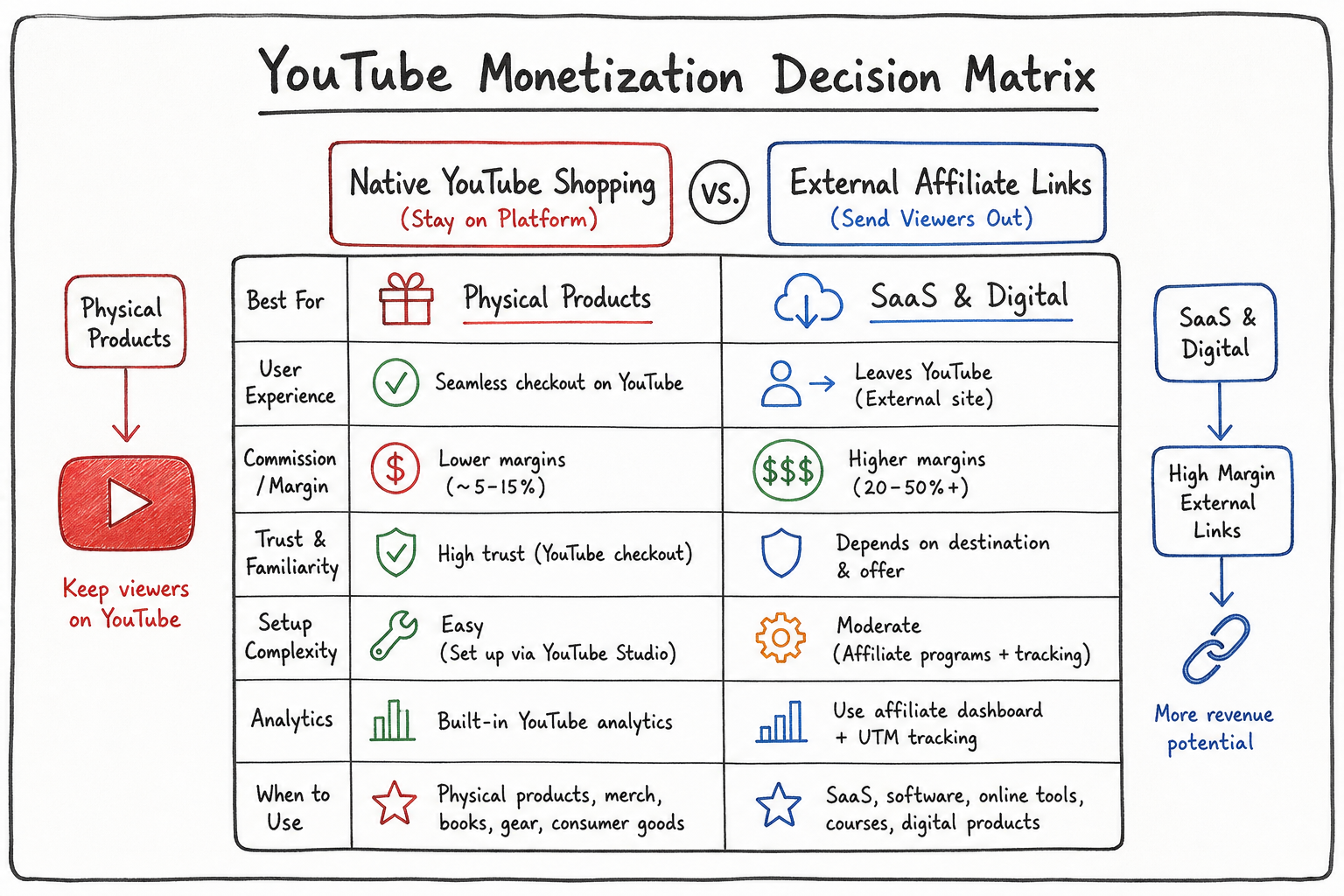 Decision matrix comparing Native YouTube Shopping vs External Affiliate Links