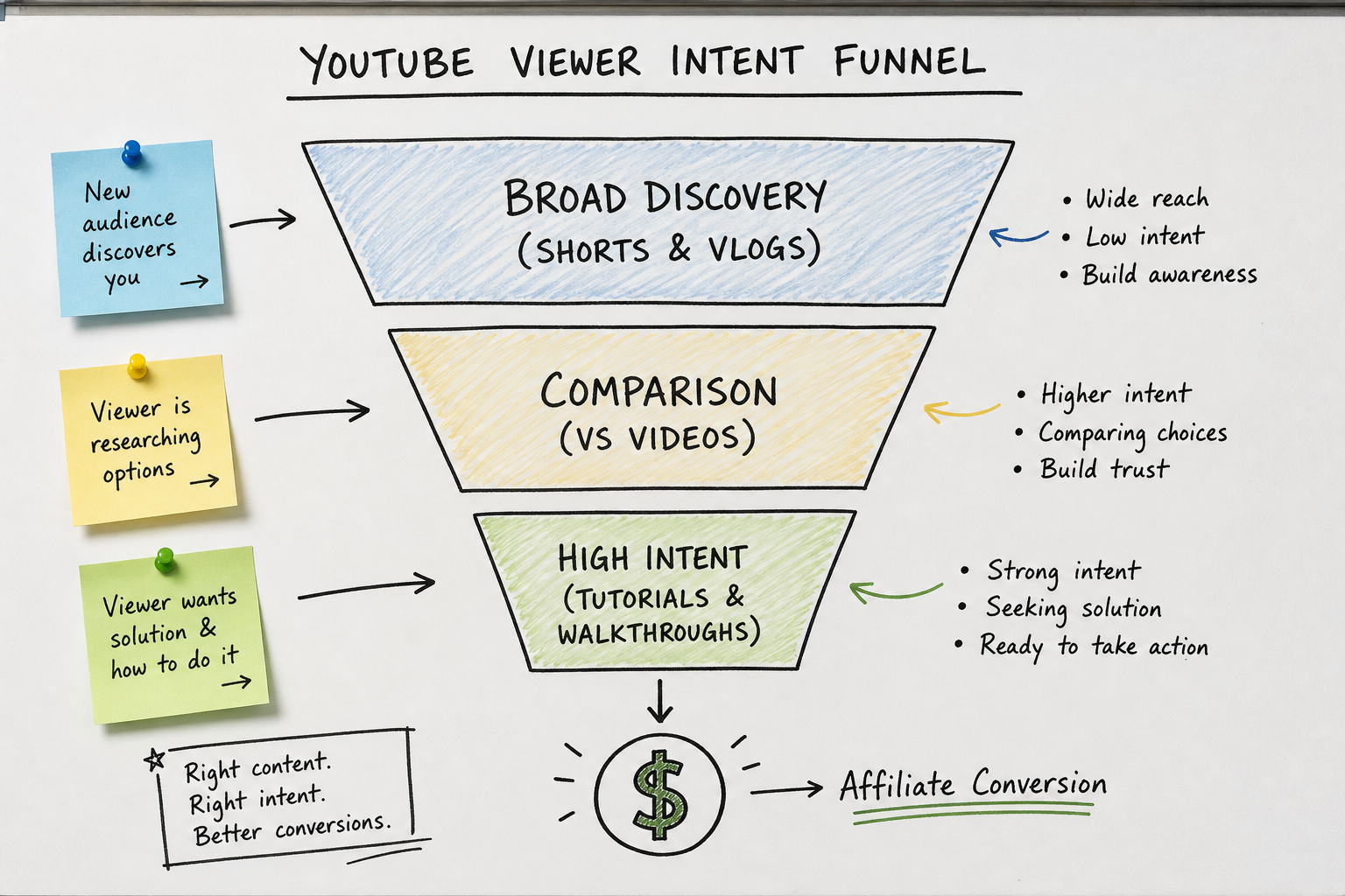 Funnel diagram showing how different types of YouTube videos drive affiliate conversions