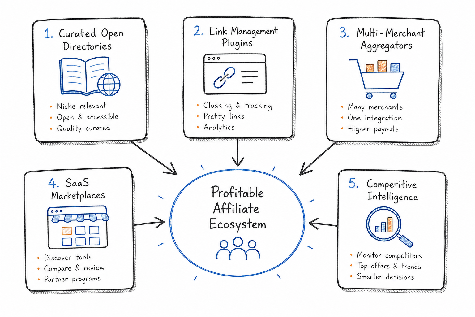 Whiteboard diagram displaying the five core tool categories for affiliate product discovery.