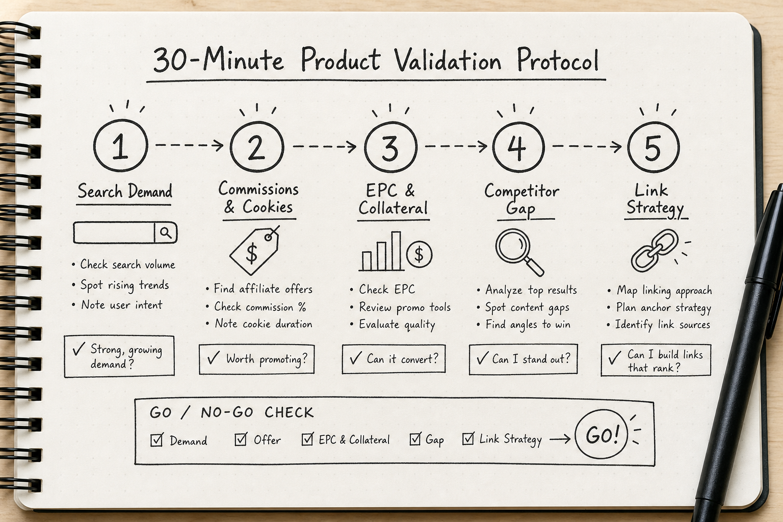 Flowchart outlining the 5-step validation protocol for affiliate products.