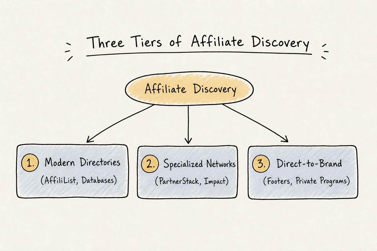 Excalidraw style diagram outlining three tiers of modern affiliate program discovery