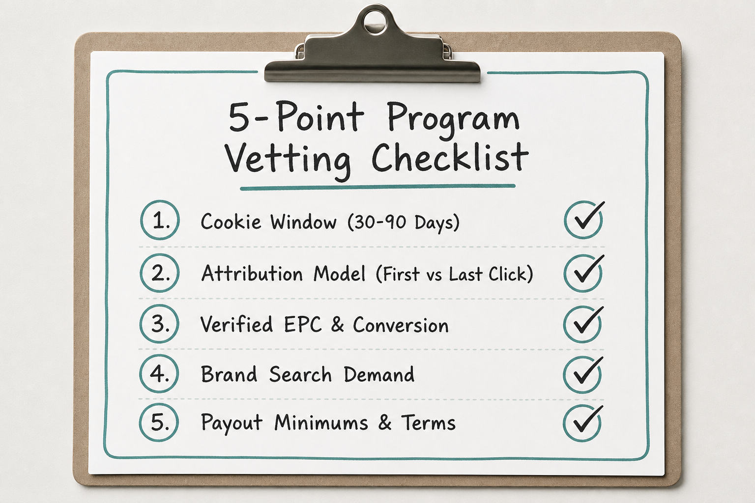 Visual 5-point checklist for evaluating and vetting new affiliate programs