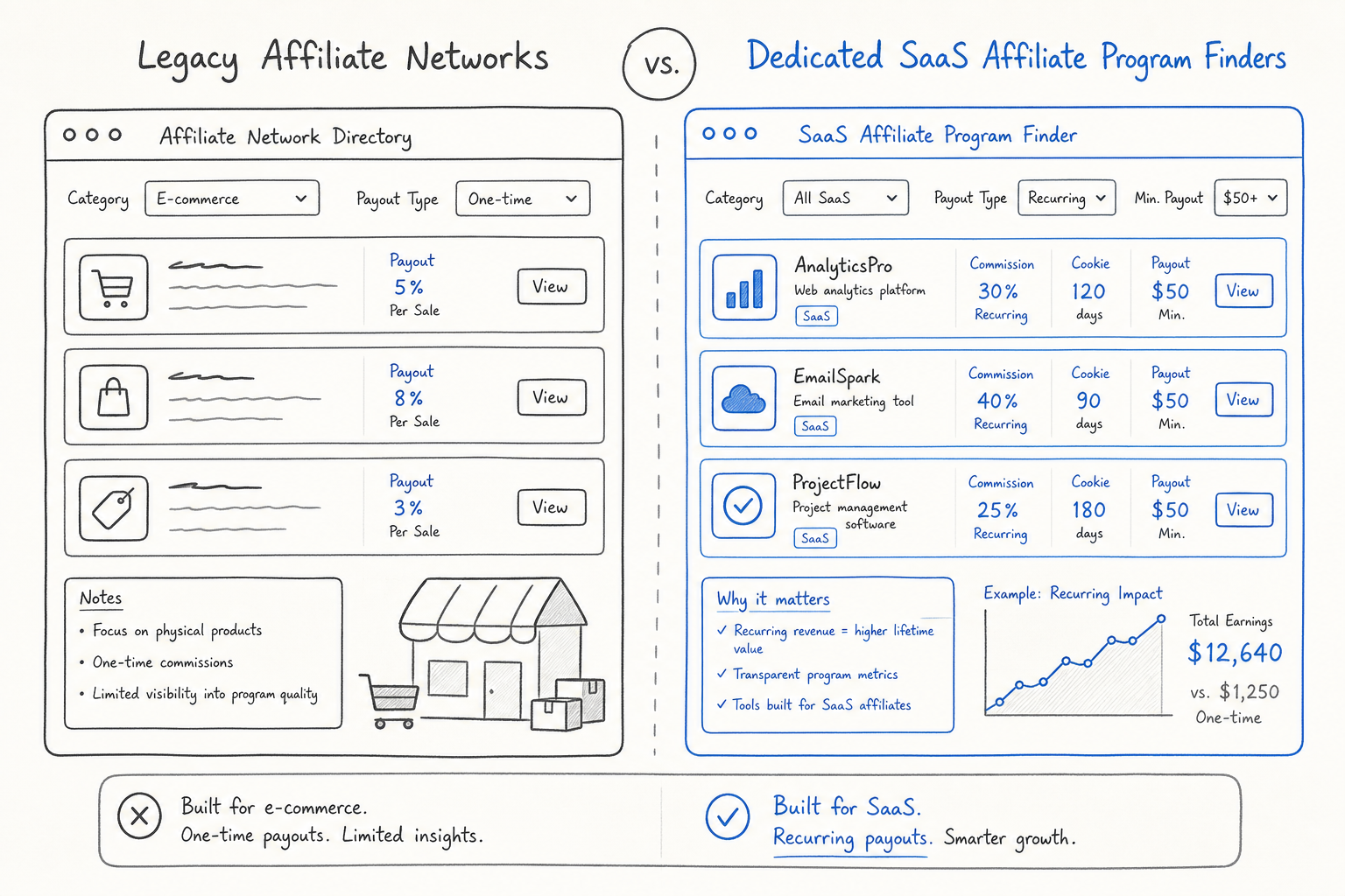 Diagram comparing legacy affiliate networks and modern SaaS affiliate finders.