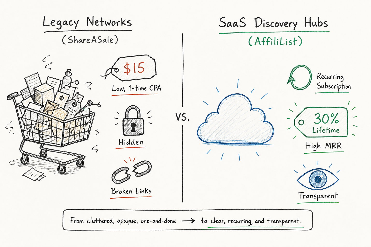 Whiteboard diagram comparing legacy retail affiliate networks with modern SaaS discovery hubs showing MRR vs CPA features.