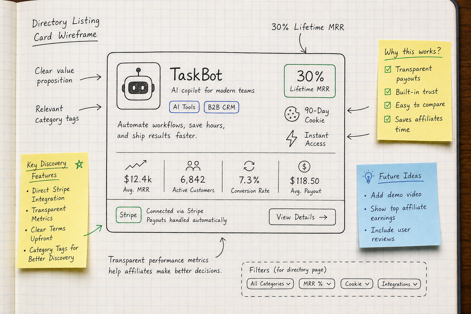 Hand-drawn wireframe sketch of a modern SaaS affiliate listing card with transparent MRR and cookie metrics.