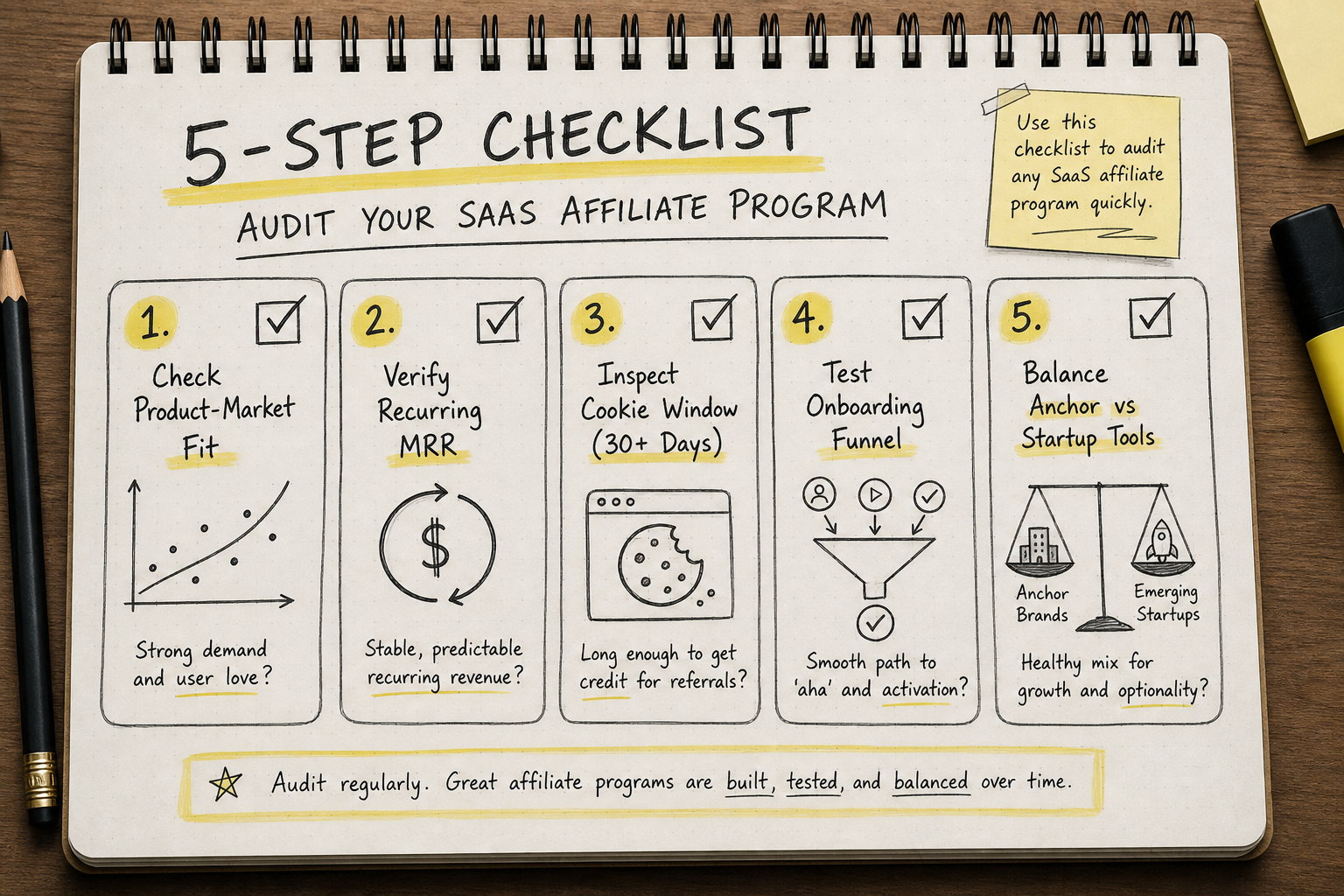 Notebook sketch illustrating a 5-step checklist for evaluating high-converting SaaS affiliate offers.