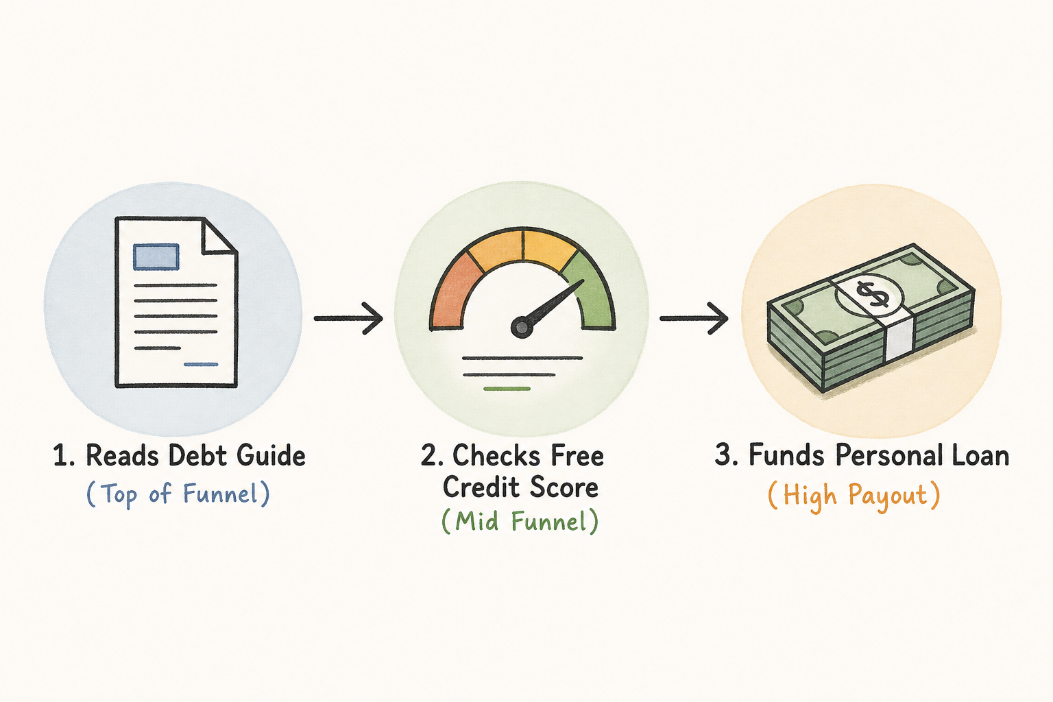 A step-by-step funnel showing how a reader transitions from reading an article to generating an affiliate commission.