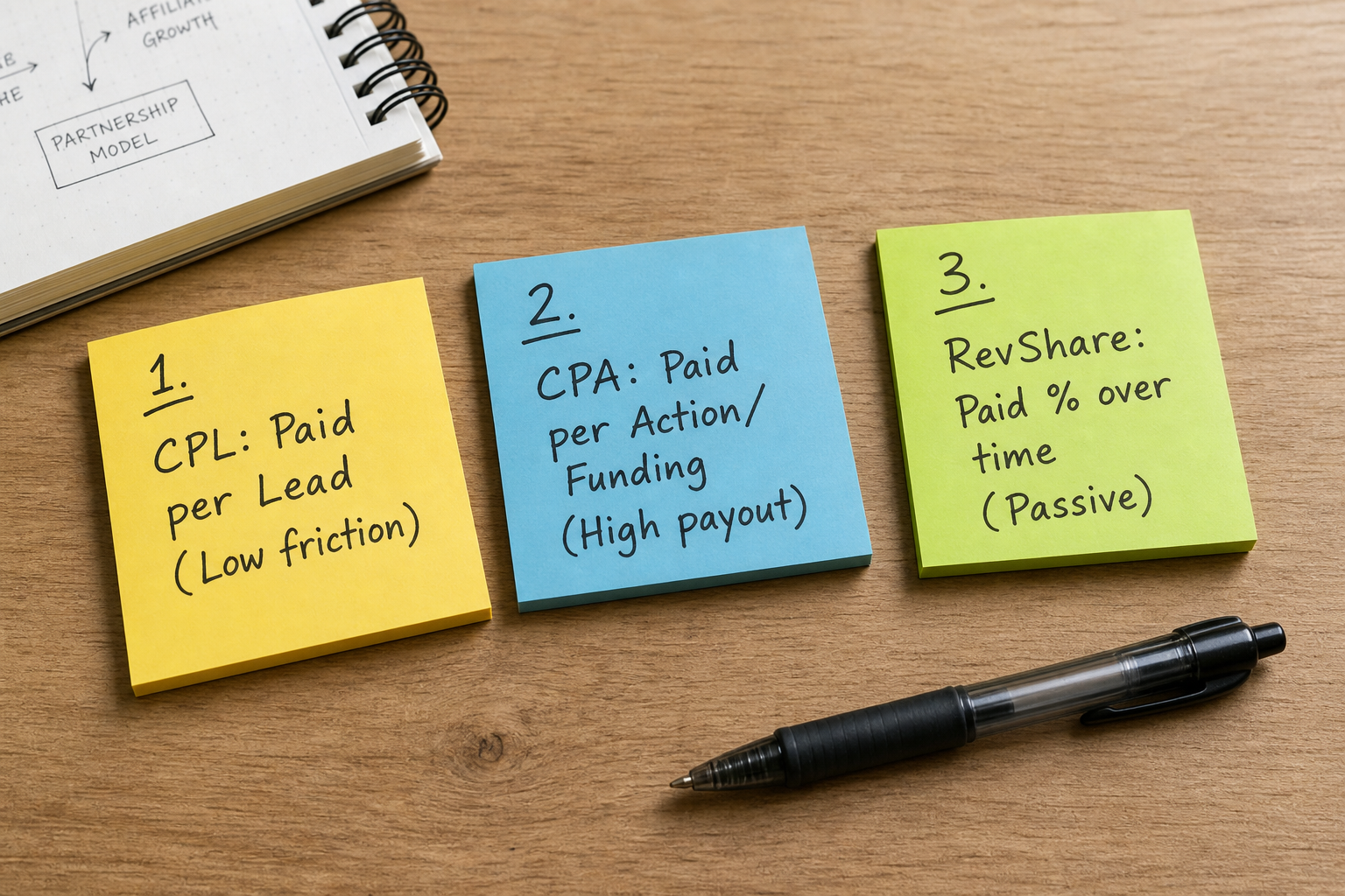 Three sticky notes explaining the differences between CPL, CPA, and RevShare payout models.