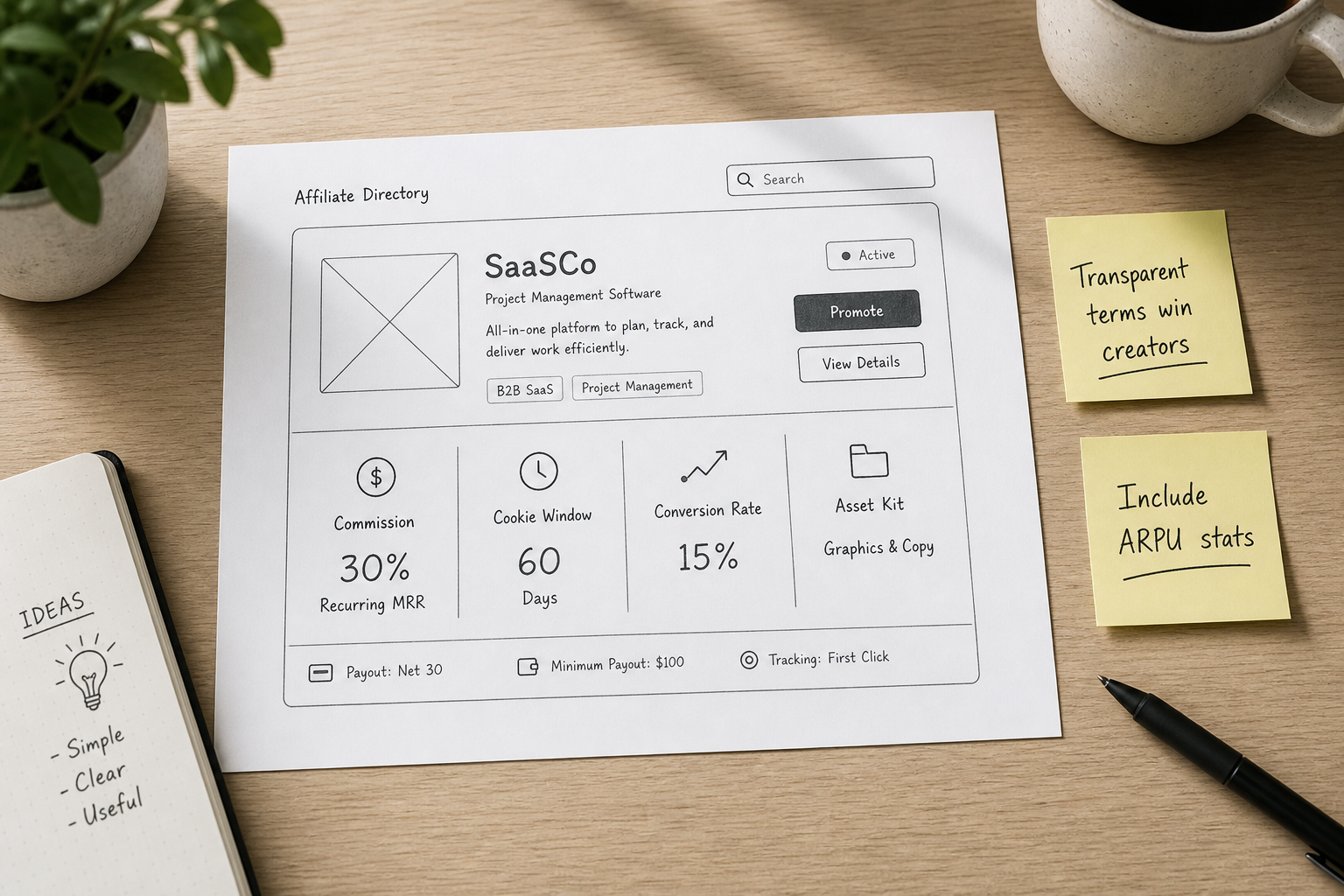 Editorial mockup of an optimized SaaS affiliate program listing card with sticky notes pointing out conversion elements.