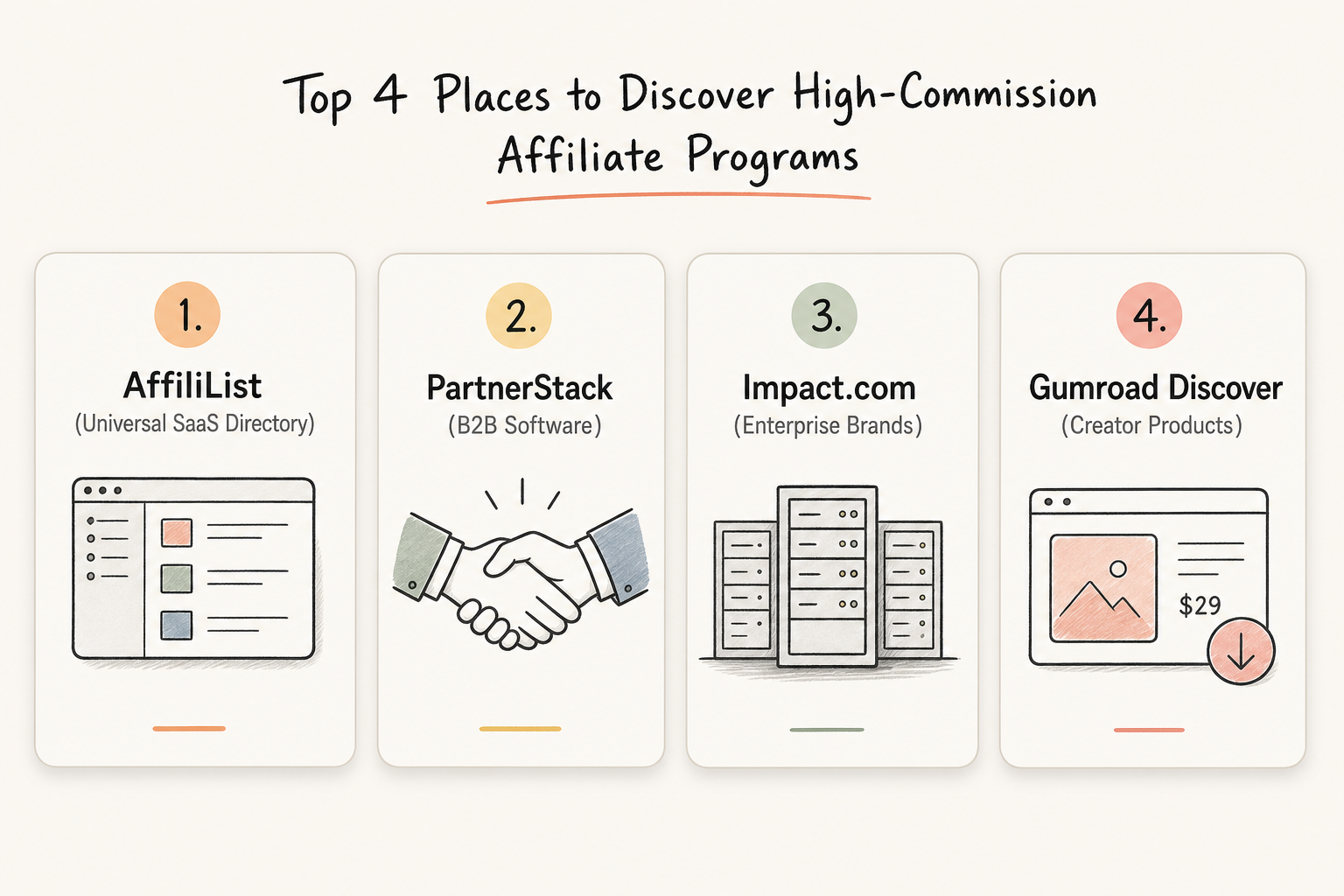 Breakdown of top affiliate discovery directories for high commission SaaS, enterprise, and creator products.
