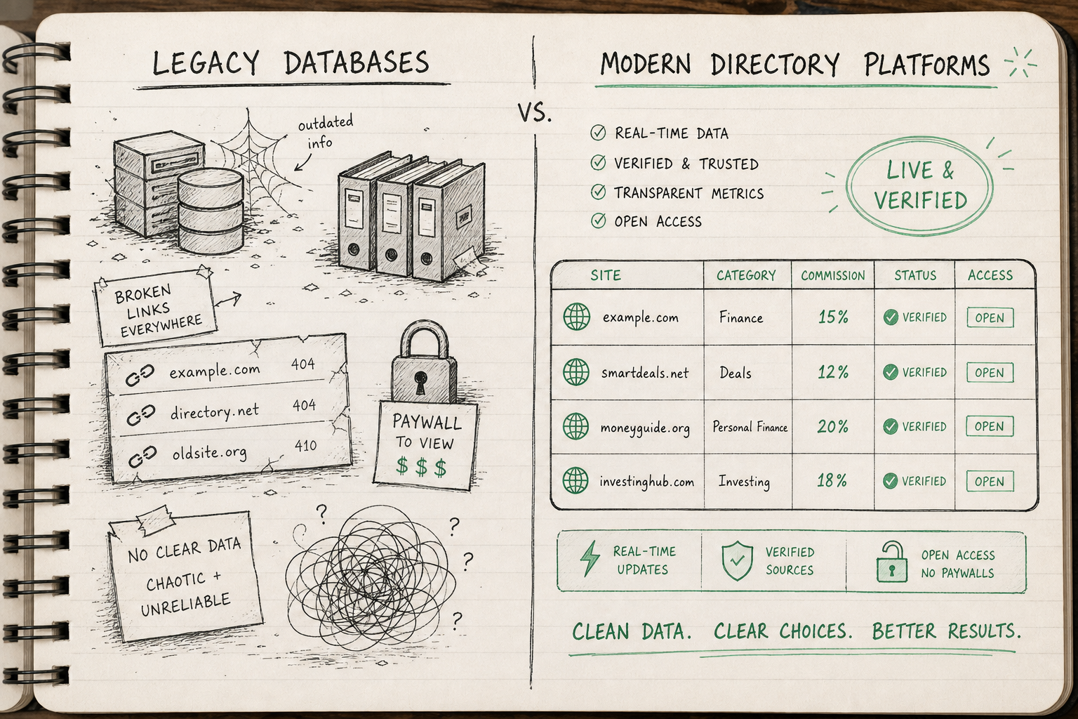 Side-by-side illustration comparing outdated, paywalled legacy affiliate databases with clean, modern directory platforms.