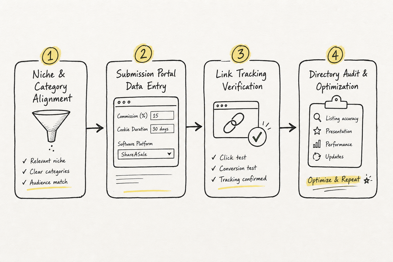 Hand-drawn step-by-step workflow chart outlining the process of submitting an affiliate program to directories.