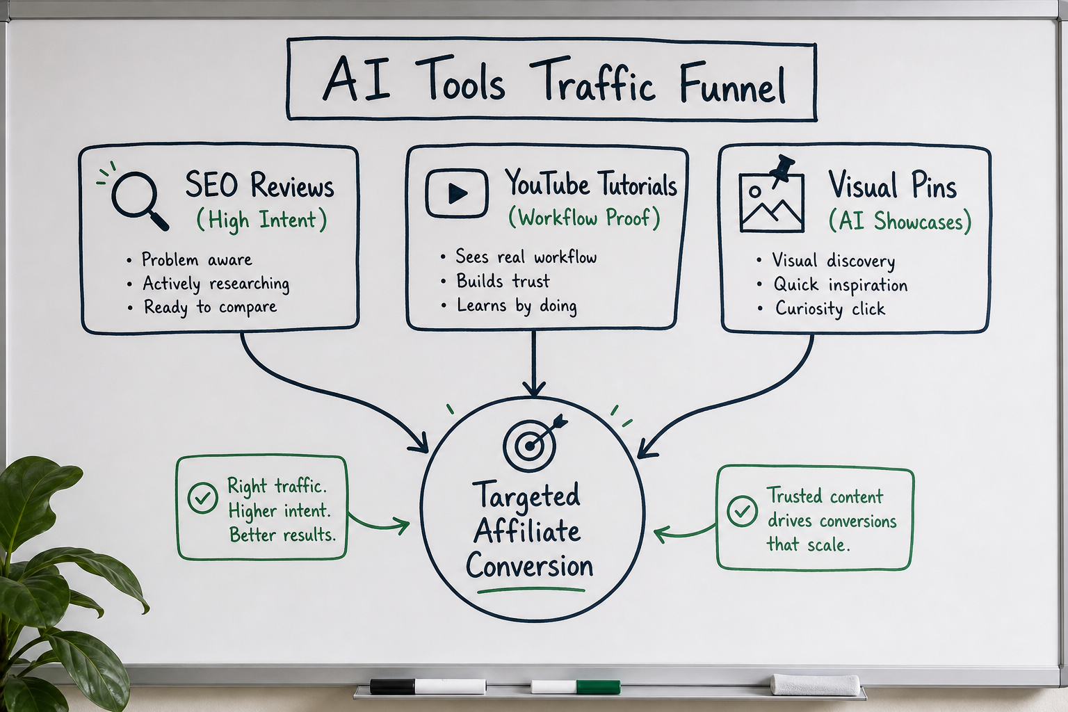 Whiteboard flowchart detailing top three traffic channels for promoting AI affiliate programs.