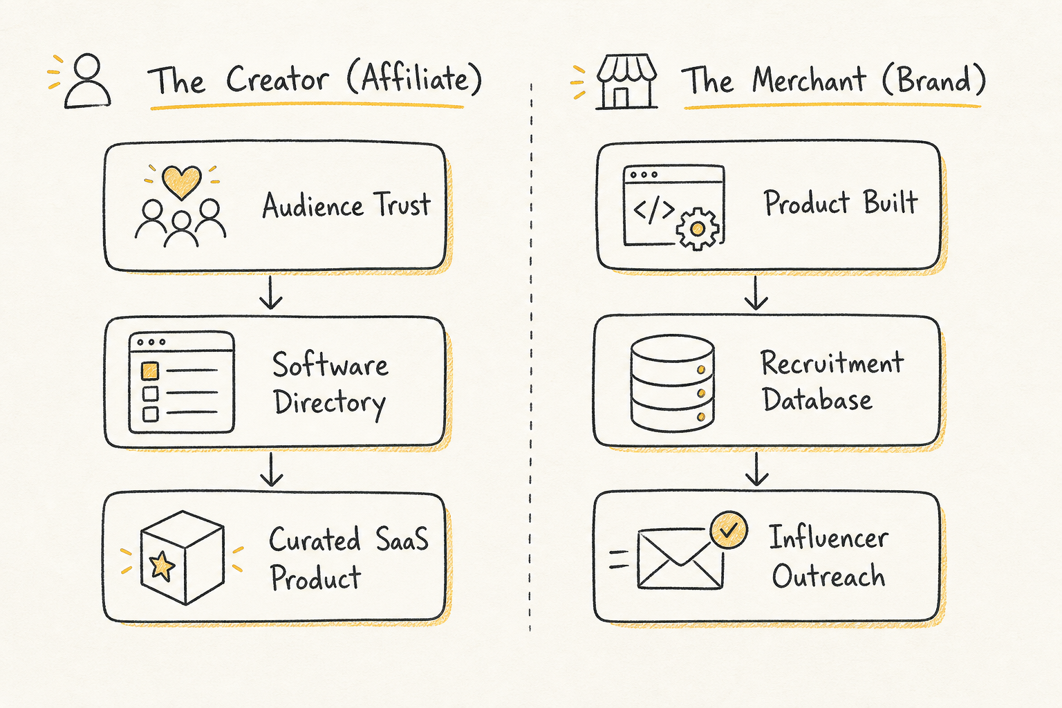 Diagram contrasting creator product-led discovery against merchant distribution-led recruitment workflows.