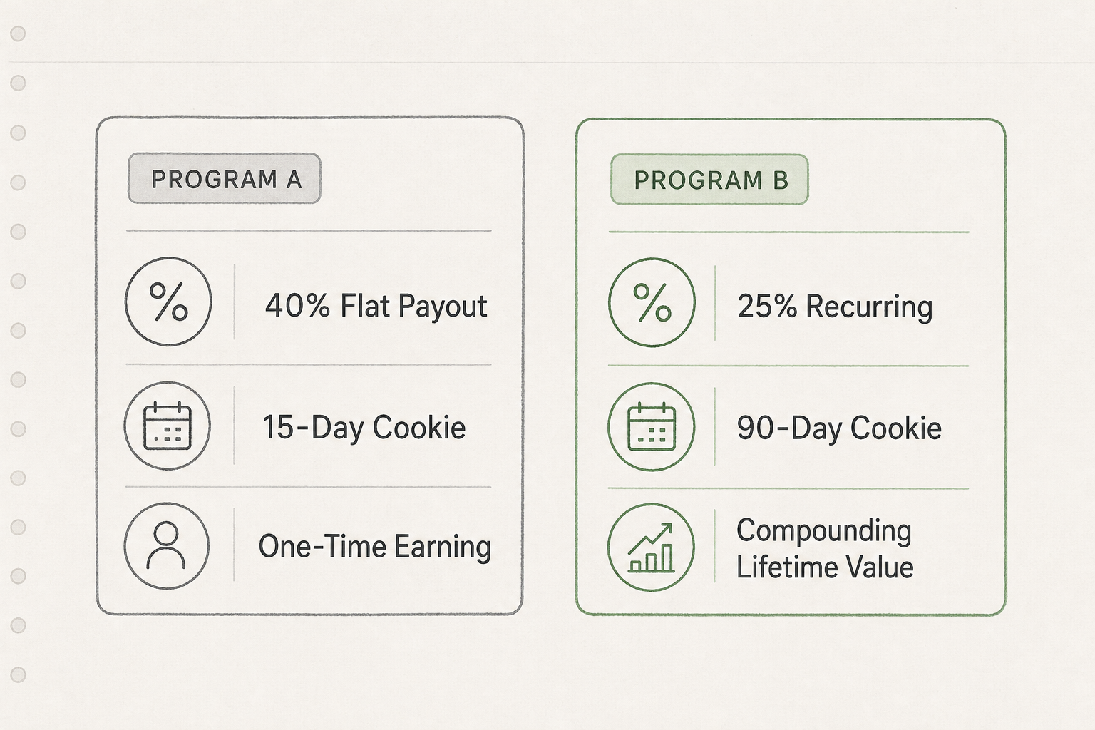Side-by-side comparison chart illustrating the difference between flat one-time affiliate payouts and recurring SaaS commissi
