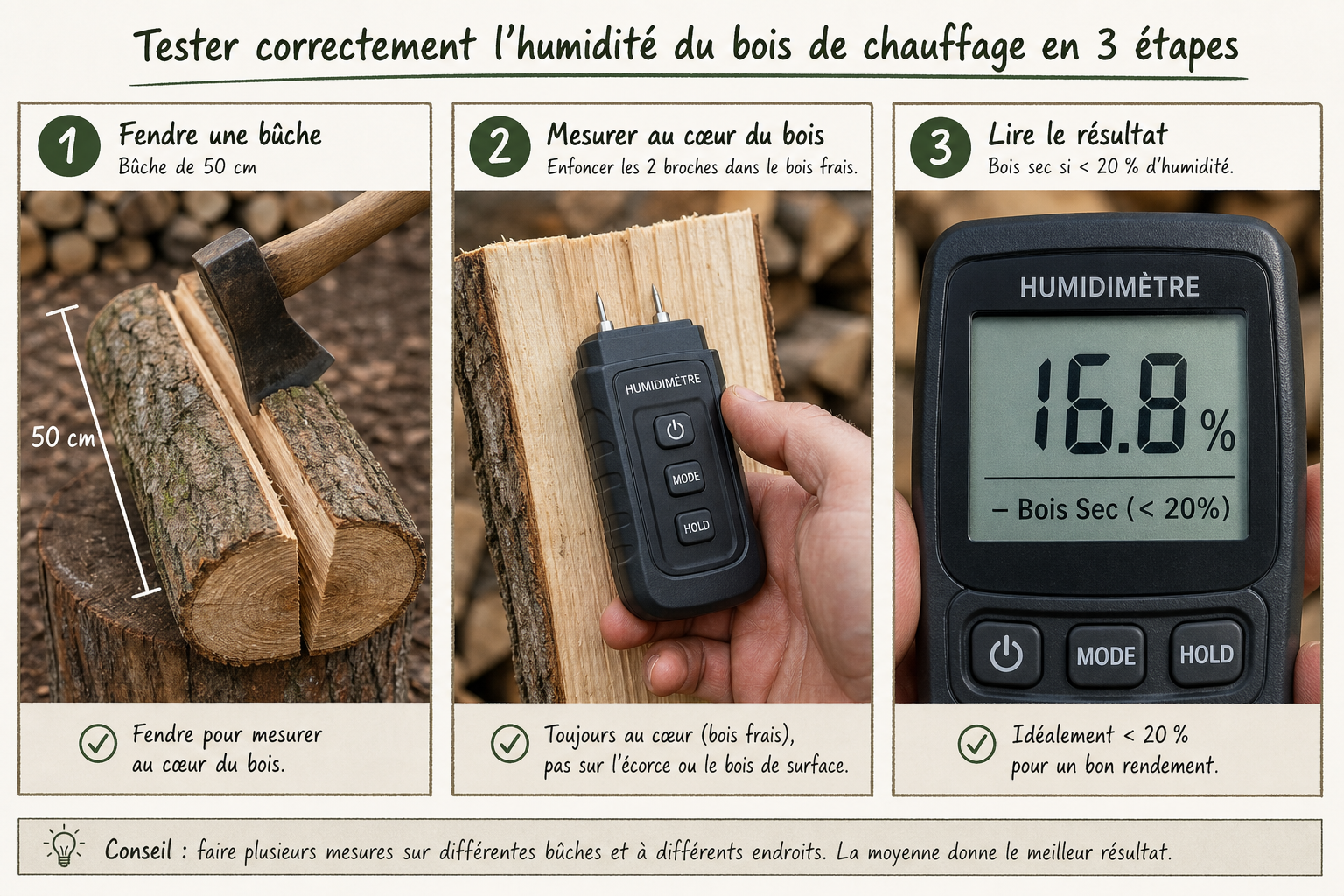 Procédure en trois étapes pour mesurer le taux d'humidité au cœur d'une bûche de bois avec un humidimètre