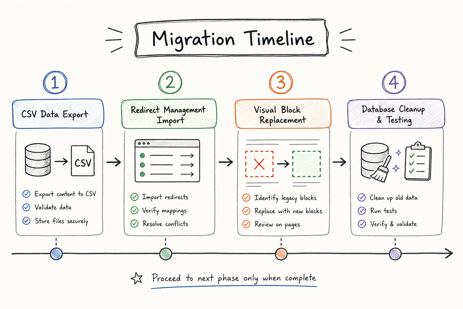 Four-step visual timeline for migrating from Lasso to alternative tools.