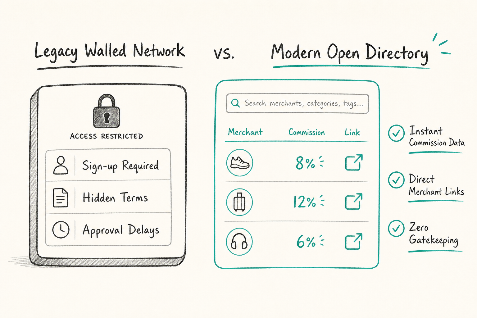 Whiteboard diagram comparing walled-garden affiliate networks with transparent open directories.