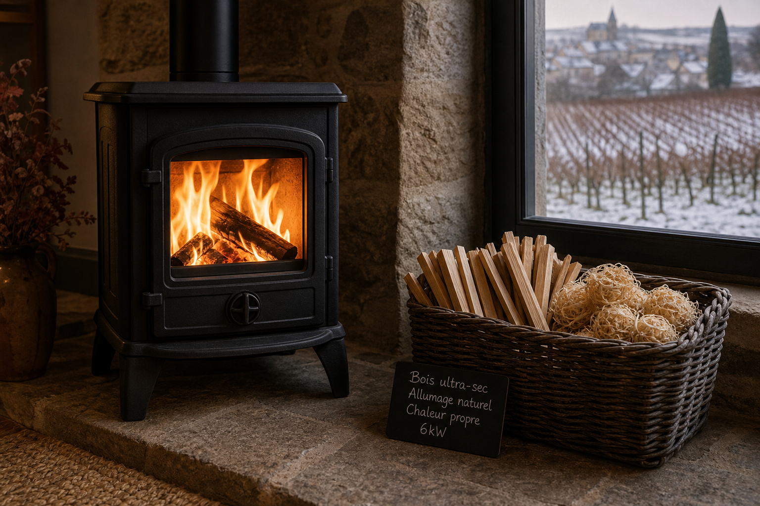 Petit poêle à bois moderne dans un salon chaleureux avec paniers de petit bois d'allumage à côté.
