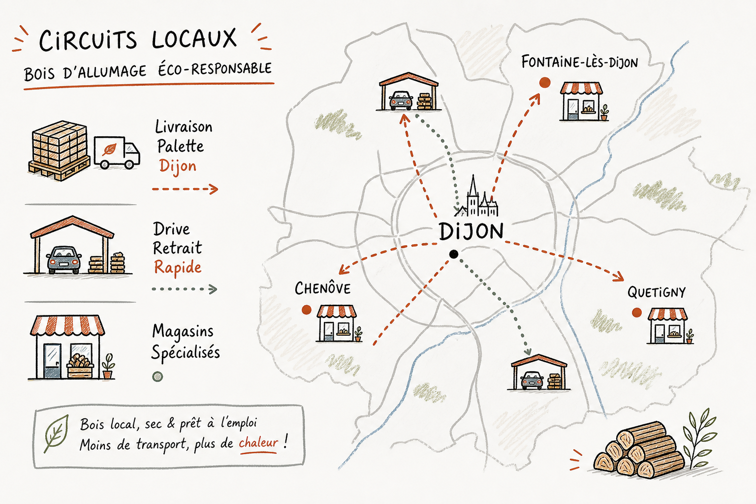 Schéma des canaux d'approvisionnement en petit bois d'allumage écologique autour de Dijon.