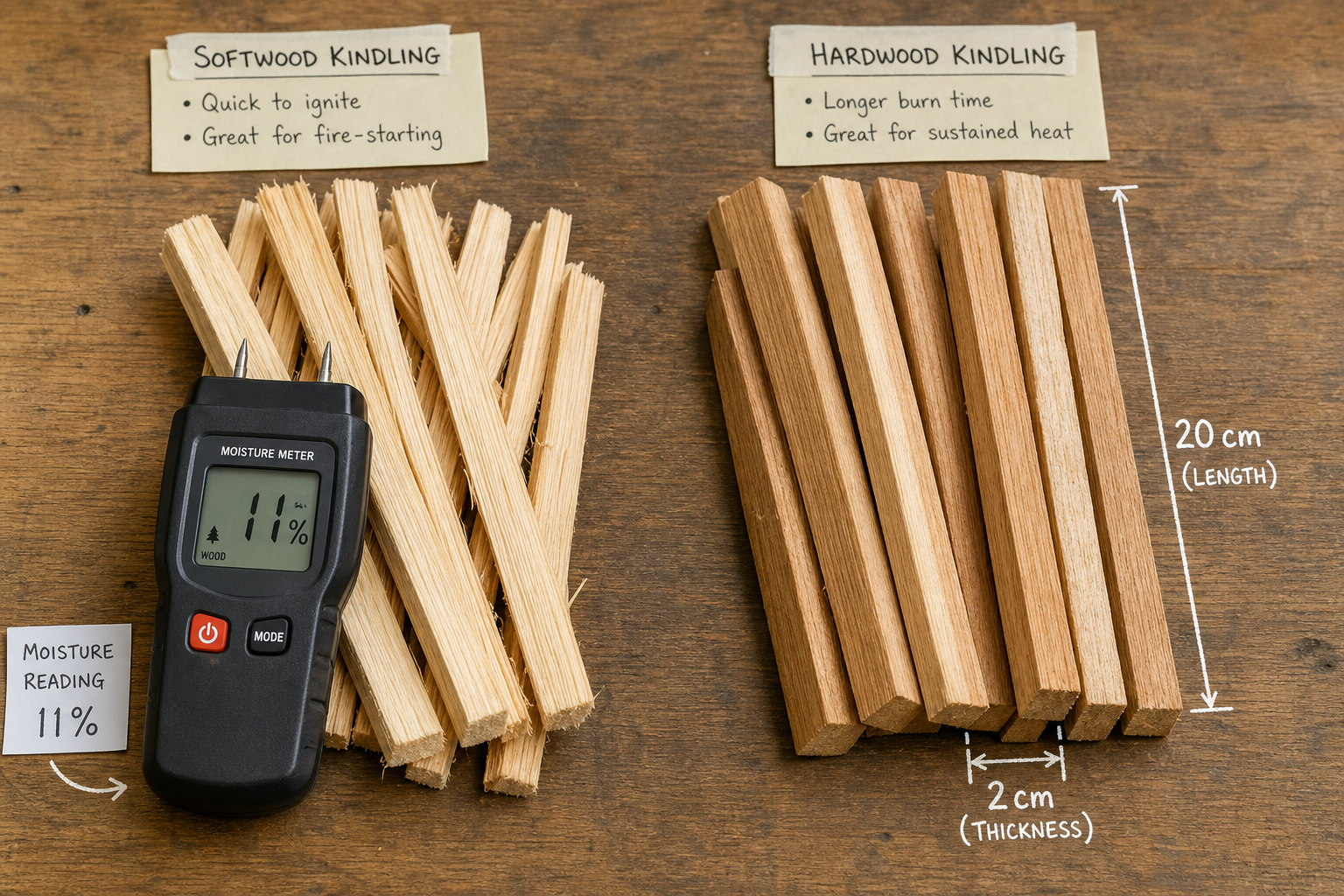 Comparaison visuelle et mesures de bâtonnets de petit bois d'allumage ultra-secs avec humidimètre.