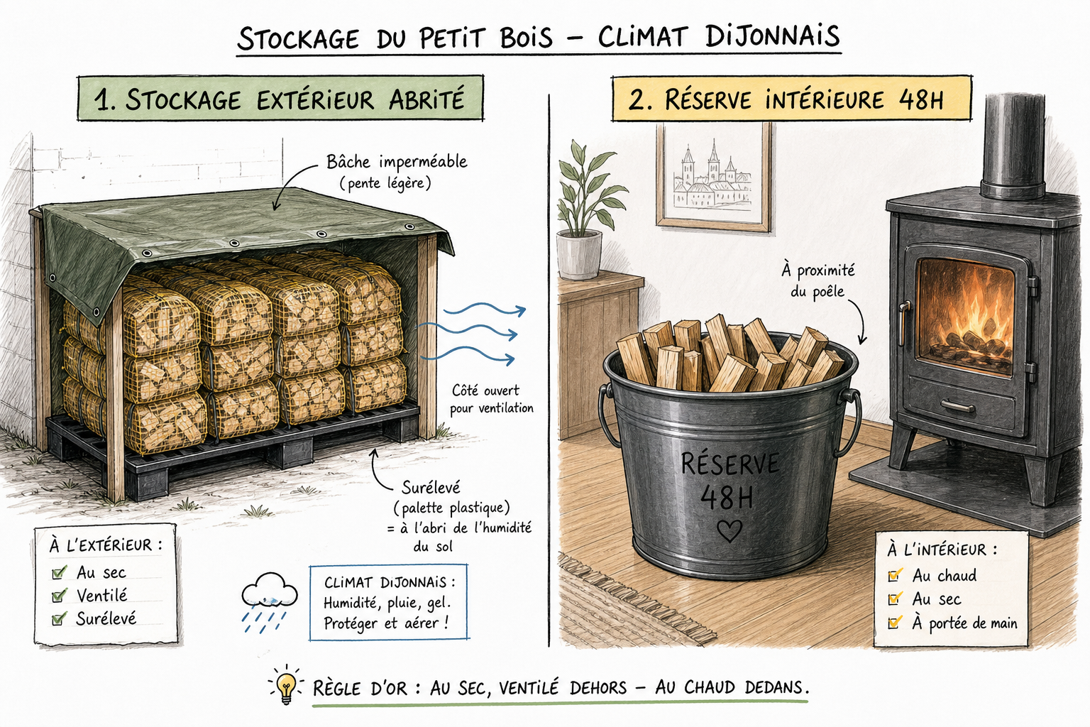 Infographie illustrant le stockage extérieur surélevé et la réserve intérieure de petit bois.