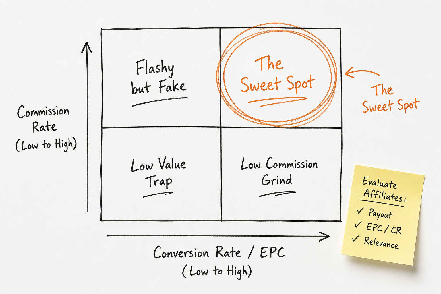 A whiteboard matrix comparing affiliate commission rates against conversion rates to find the sweet spot.