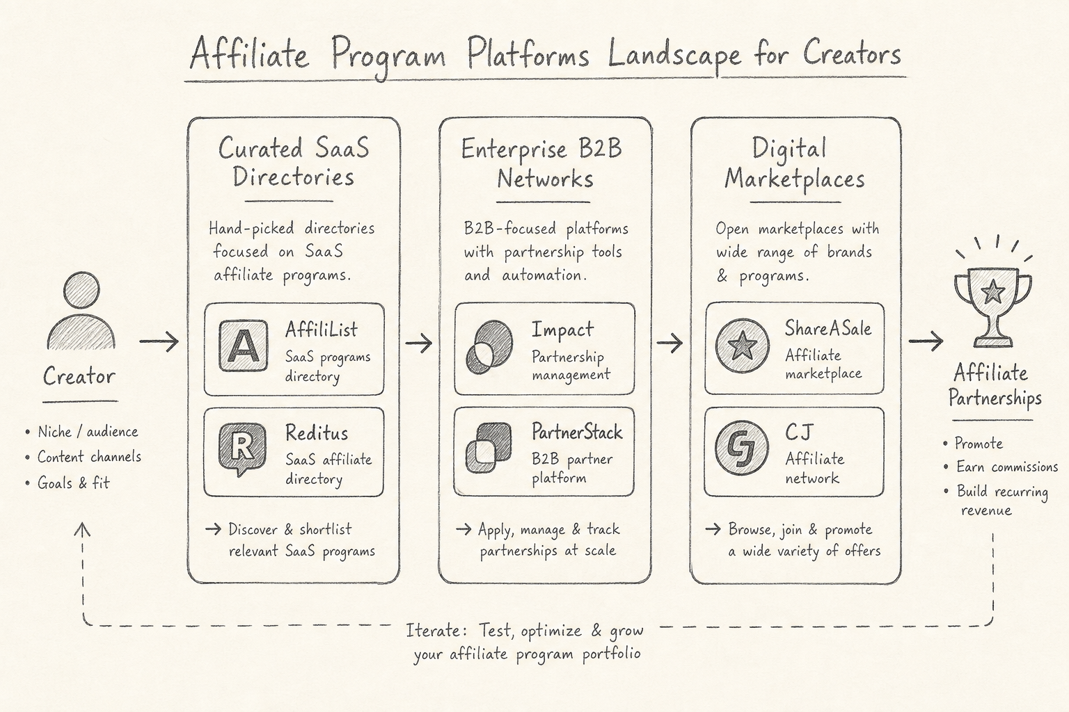 Editorial diagram categorizing affiliate platforms into directories, B2B networks, and enterprise marketplaces.