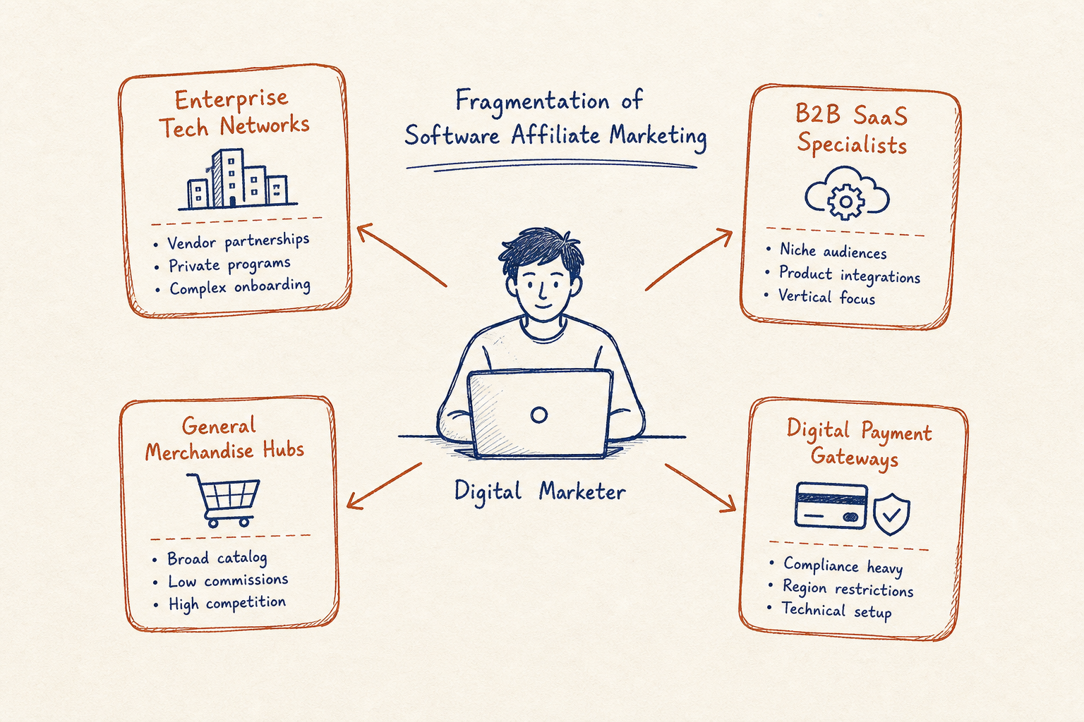 Diagram illustrating the fragmented landscape of software affiliate networks and partner channels.